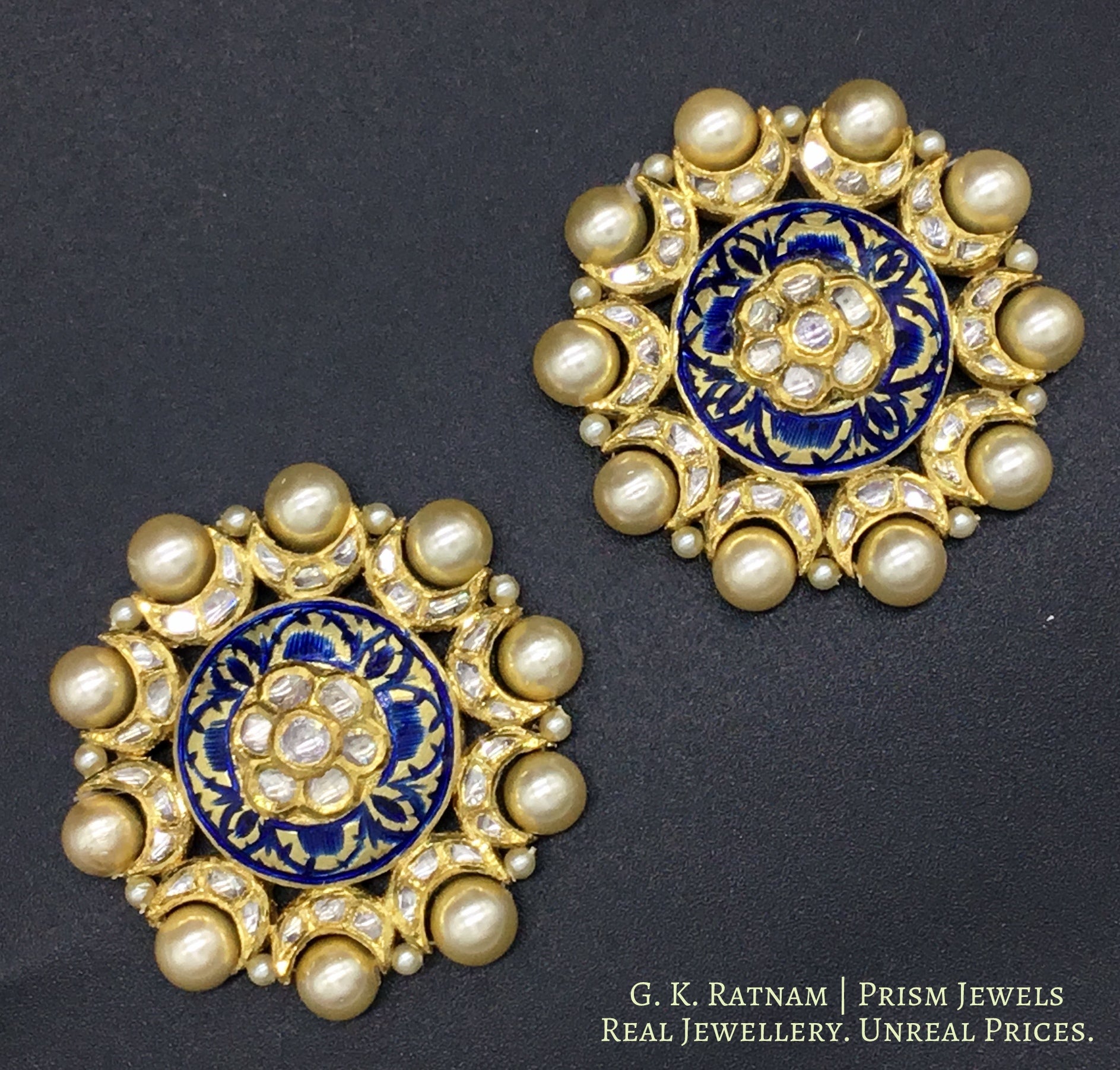 18k Gold and Diamond Polki Round Pendant Set with Navy Blue Enamelling - gold diamond polki kundan meena jadau jewellery