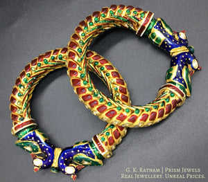 22k Gold and Diamond Polki snake-like Bangle Pair with multi-color enamelling - gold diamond polki kundan meena jadau jewellery