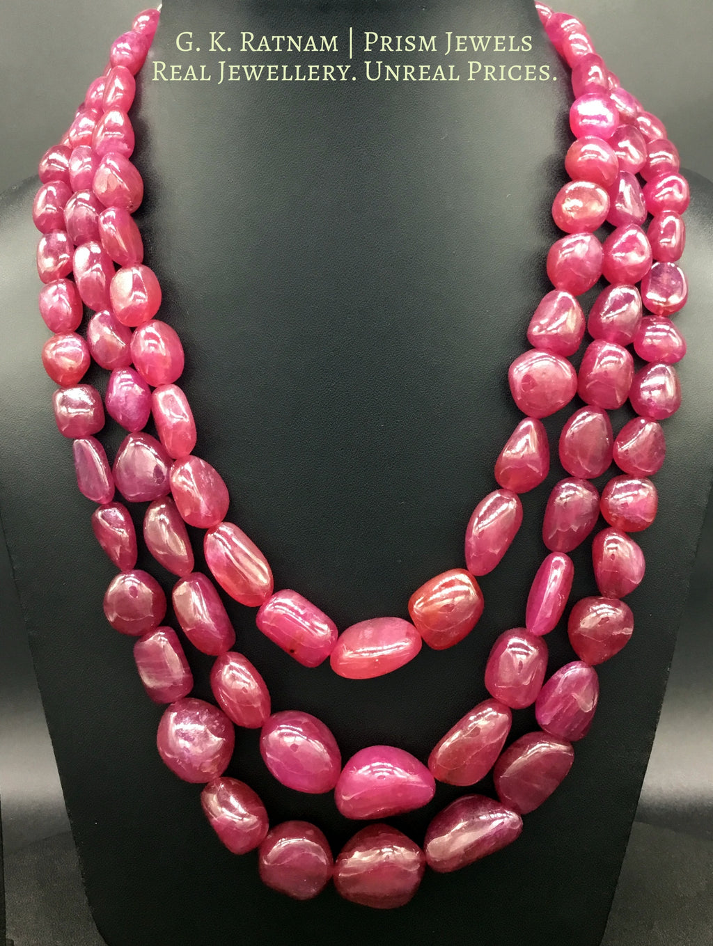 Natural (glass-filled) Ruby Tumbles 3 line Necklace - gold diamond polki kundan meena jadau jewellery