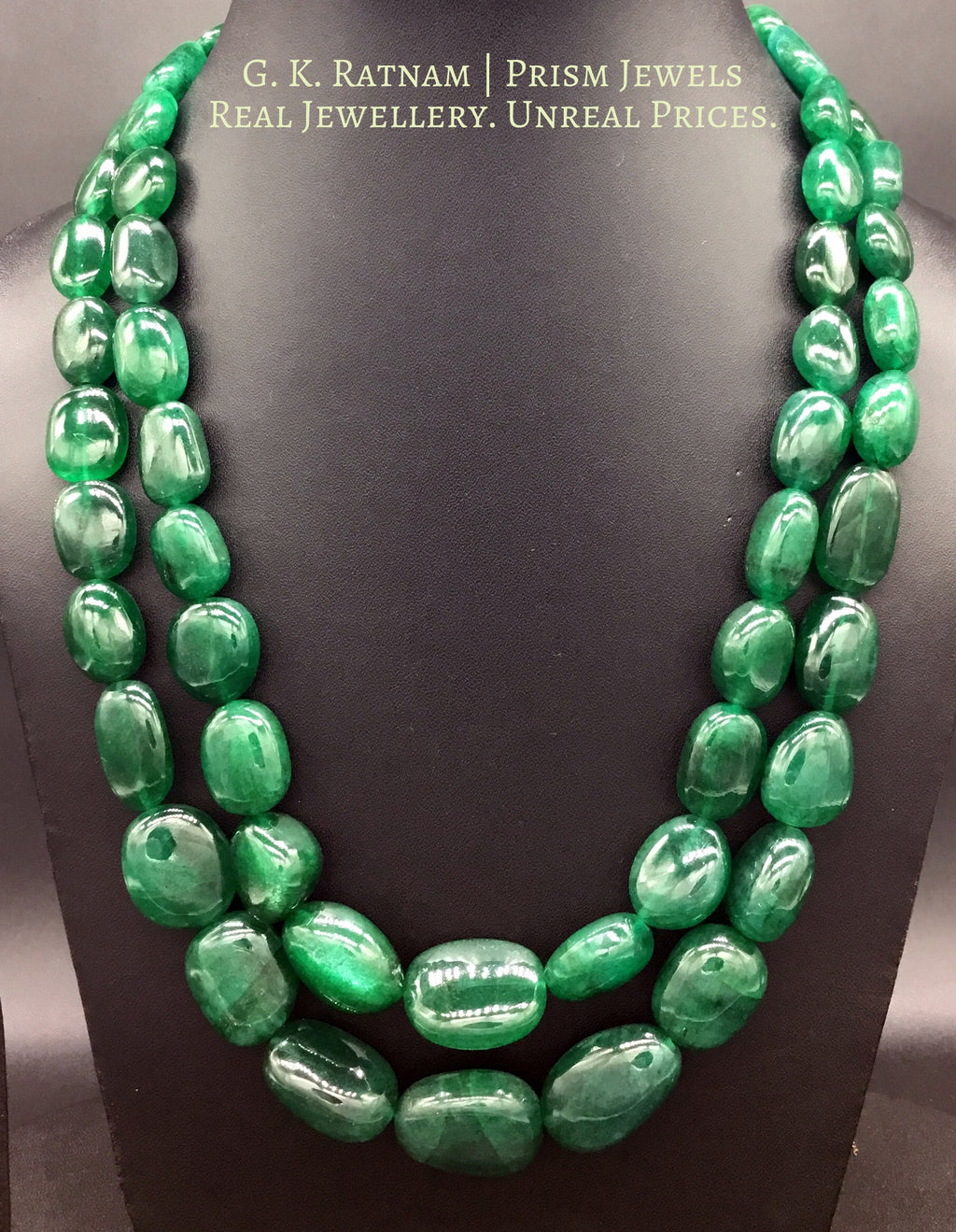 Green Beryl Tumbles 2 Line Necklace - gold diamond polki kundan meena jadau jewellery