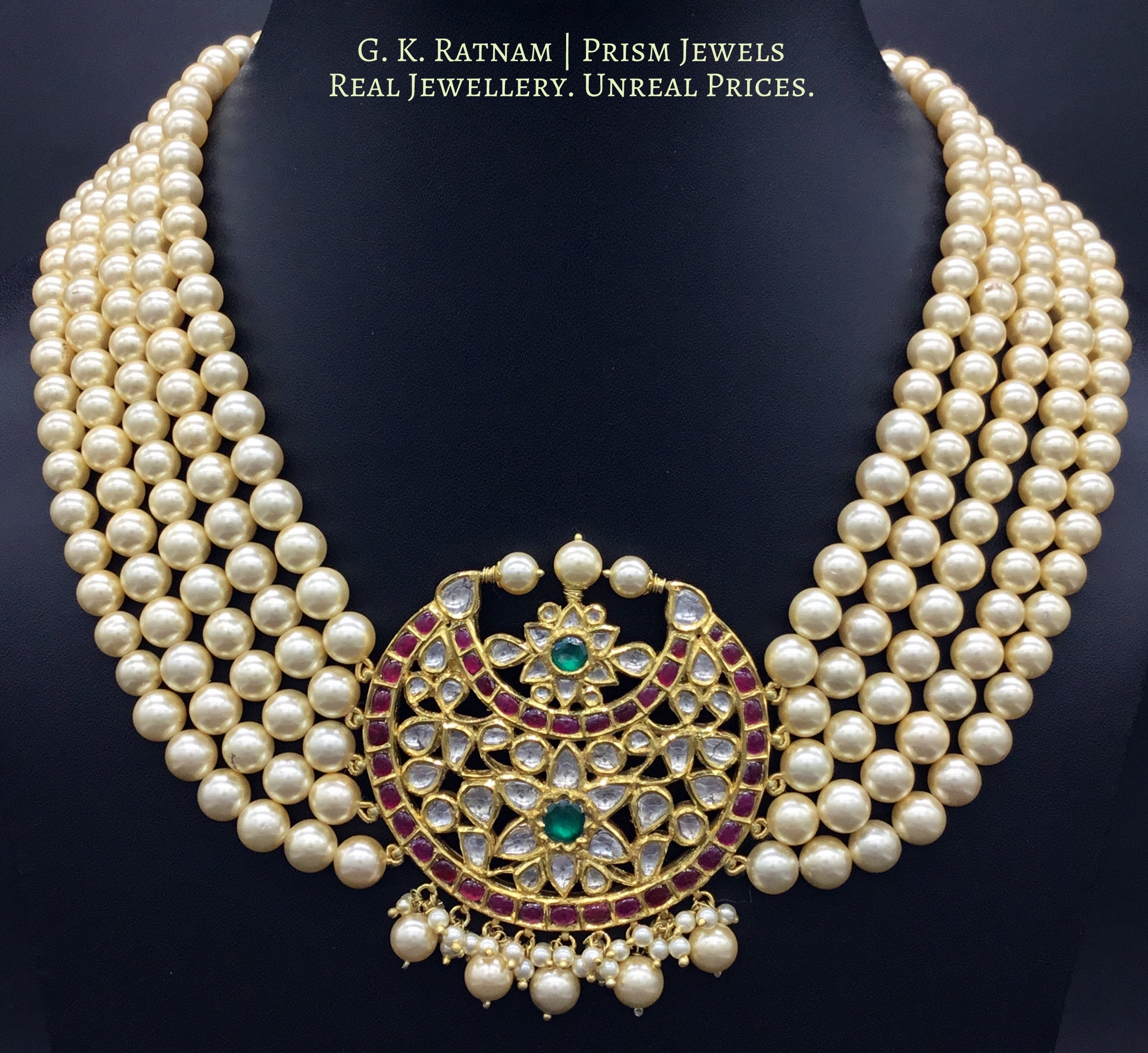 18k Gold and Diamond Polki south-style Pendant with five-lines of lustrous south-sea-like pearls - gold diamond polki kundan meena jadau jewellery