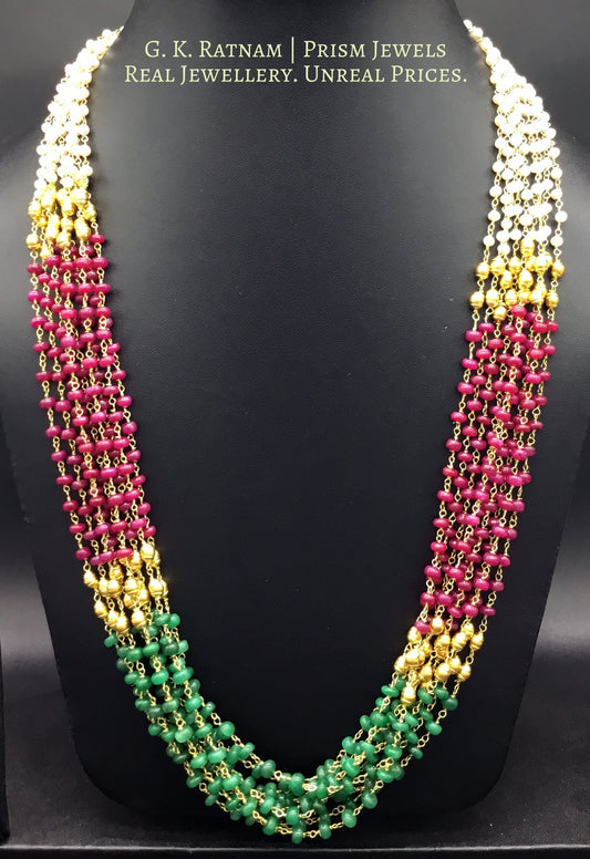 Pearl-ruby-beryl nine-line Necklace with a hint of golden beads - gold diamond polki kundan meena jadau jewellery