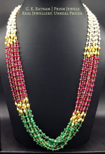 Pearl-ruby-beryl nine-line Necklace with a hint of golden beads - gold diamond polki kundan meena jadau jewellery
