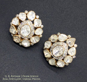 14k Gold and Diamond Polki Open Setting tilak-shaped Tops / Studs Earring Pair - gold diamond polki kundan meena jadau jewellery