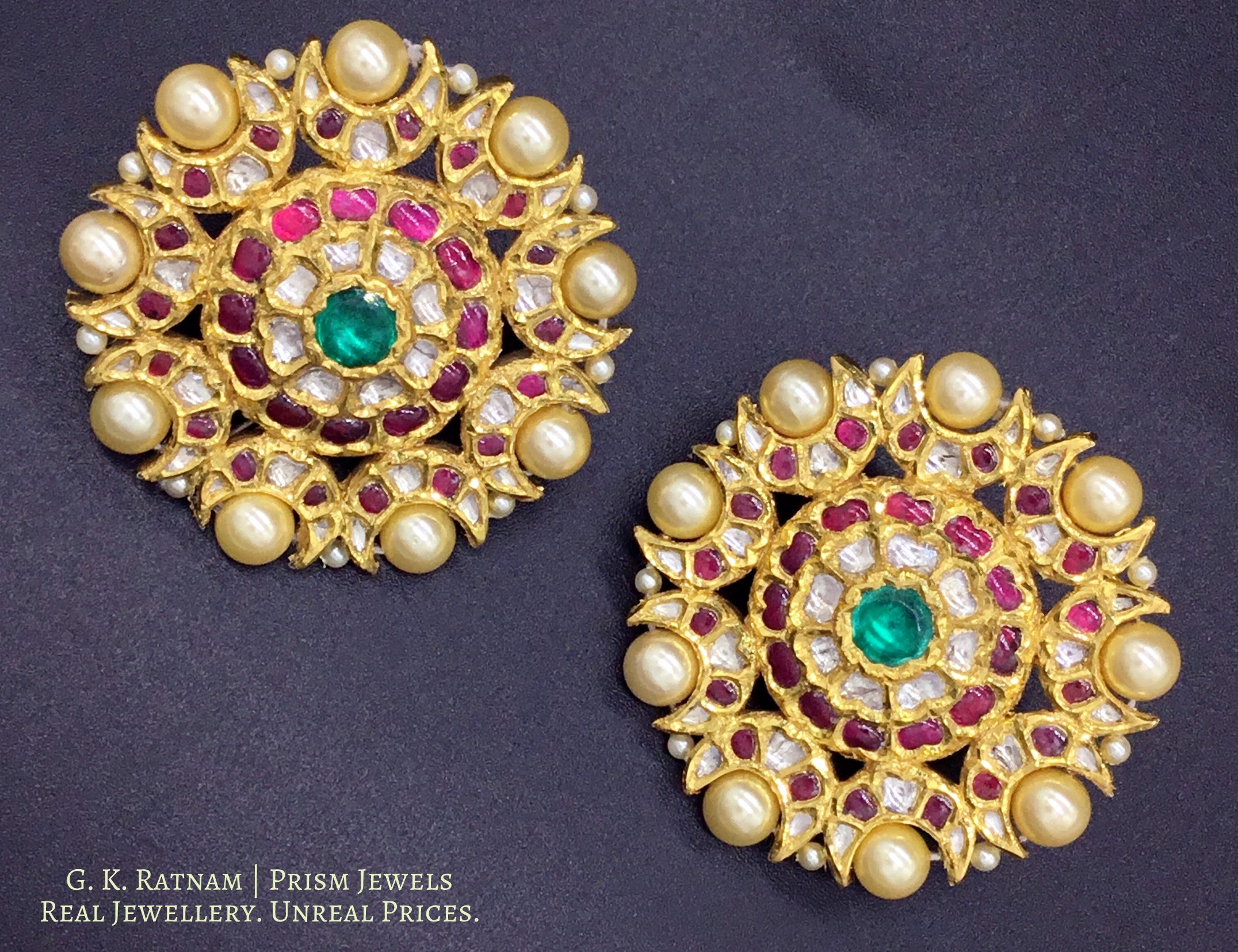 18k Gold and Diamond Polki south-style Karanphool Earring Pair with Rubies and Emeralds - gold diamond polki kundan meena jadau jewellery