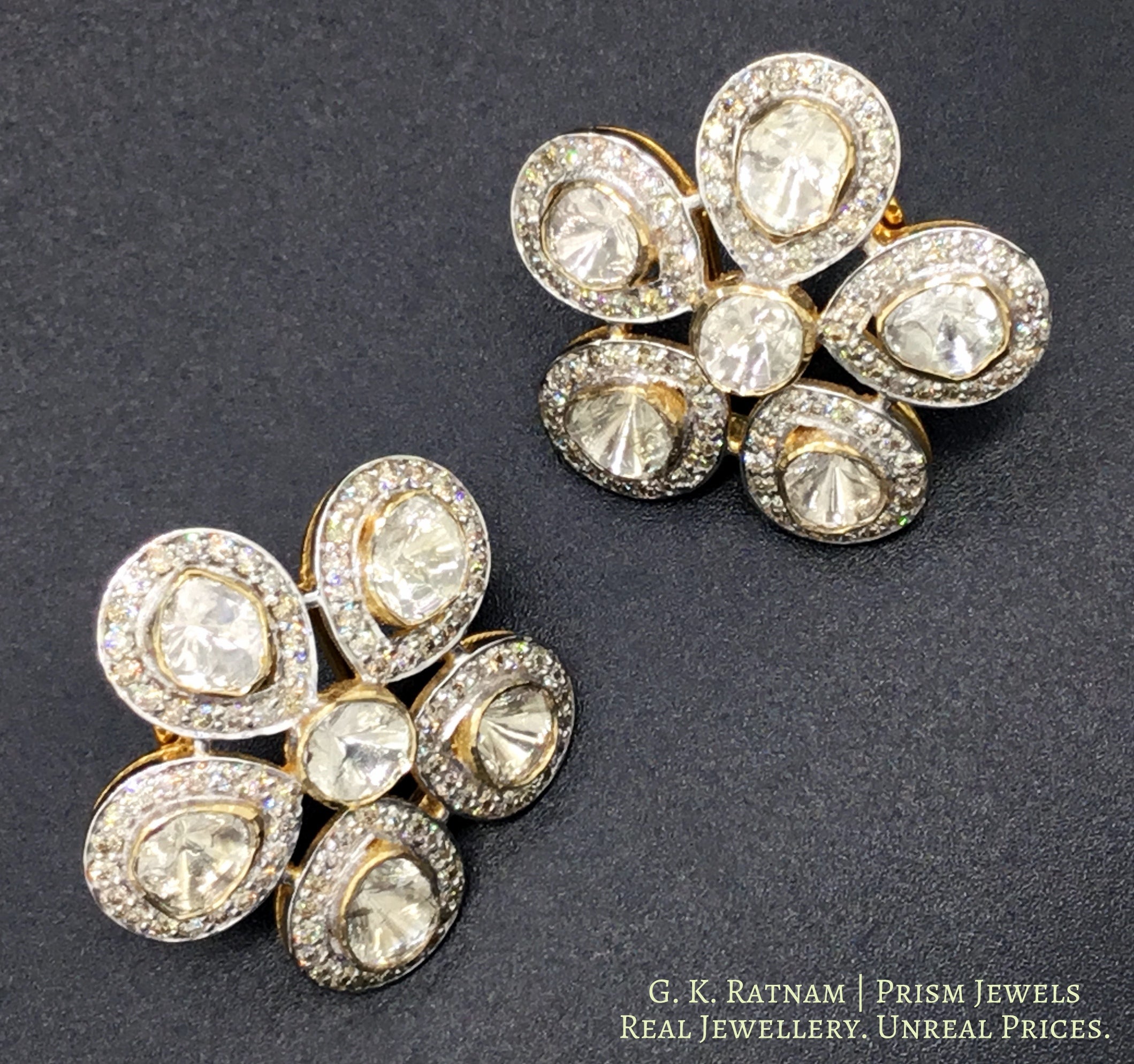 18k Gold and Diamond Polki Open Setting flowery Karanphool Earring Pair - gold diamond polki kundan meena jadau jewellery