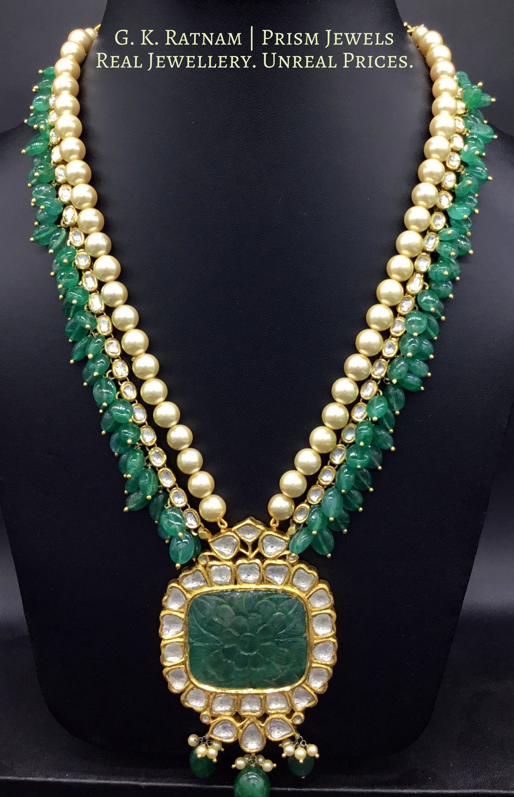 18k Gold and Diamond Polki carved beryl Pendant with uncut diamond line - gold diamond polki kundan meena jadau jewellery