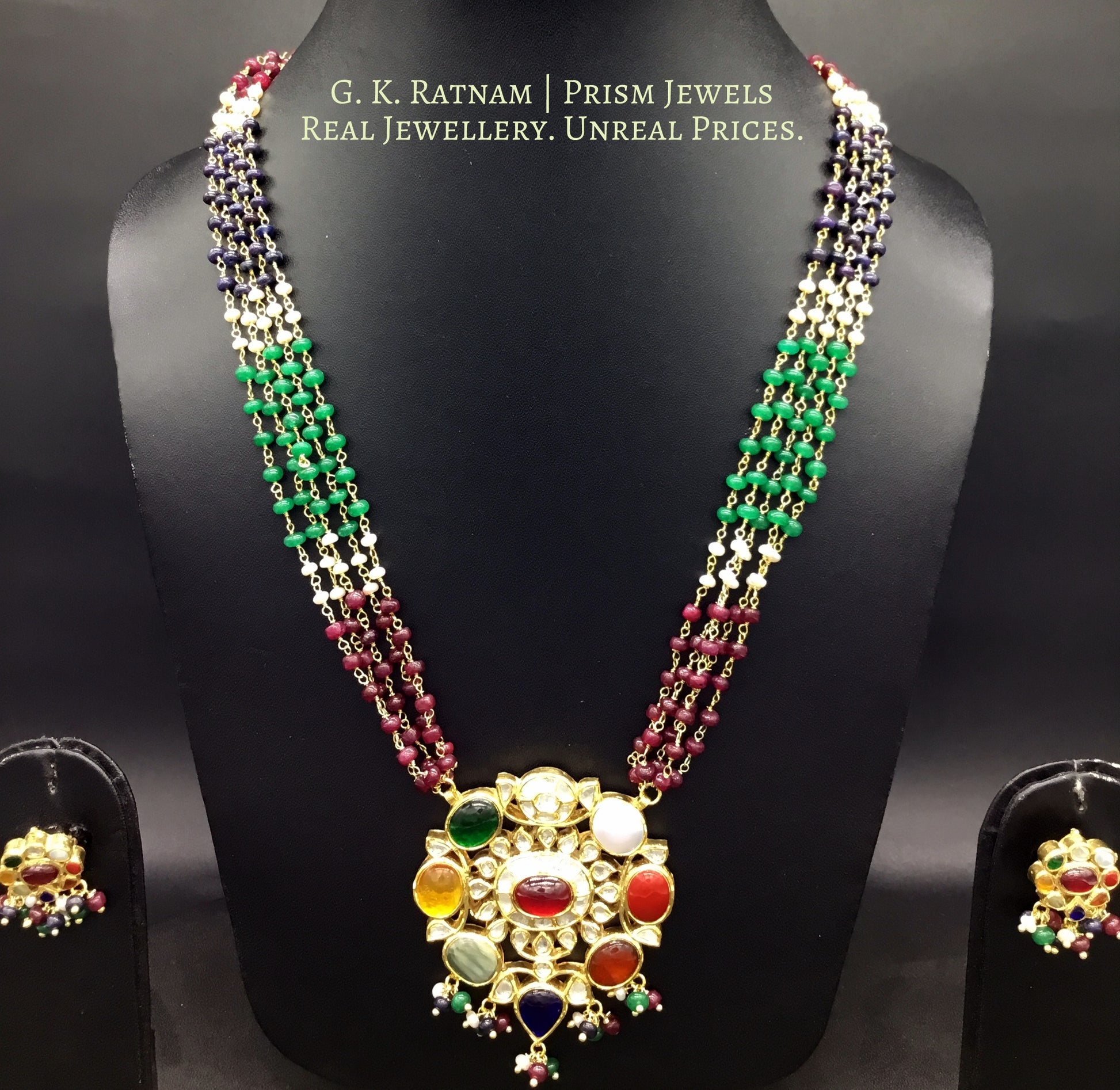 Traditional Gold and Diamond Polki Navratna Pendant Set with multi-color chains - gold diamond polki kundan meena jadau jewellery