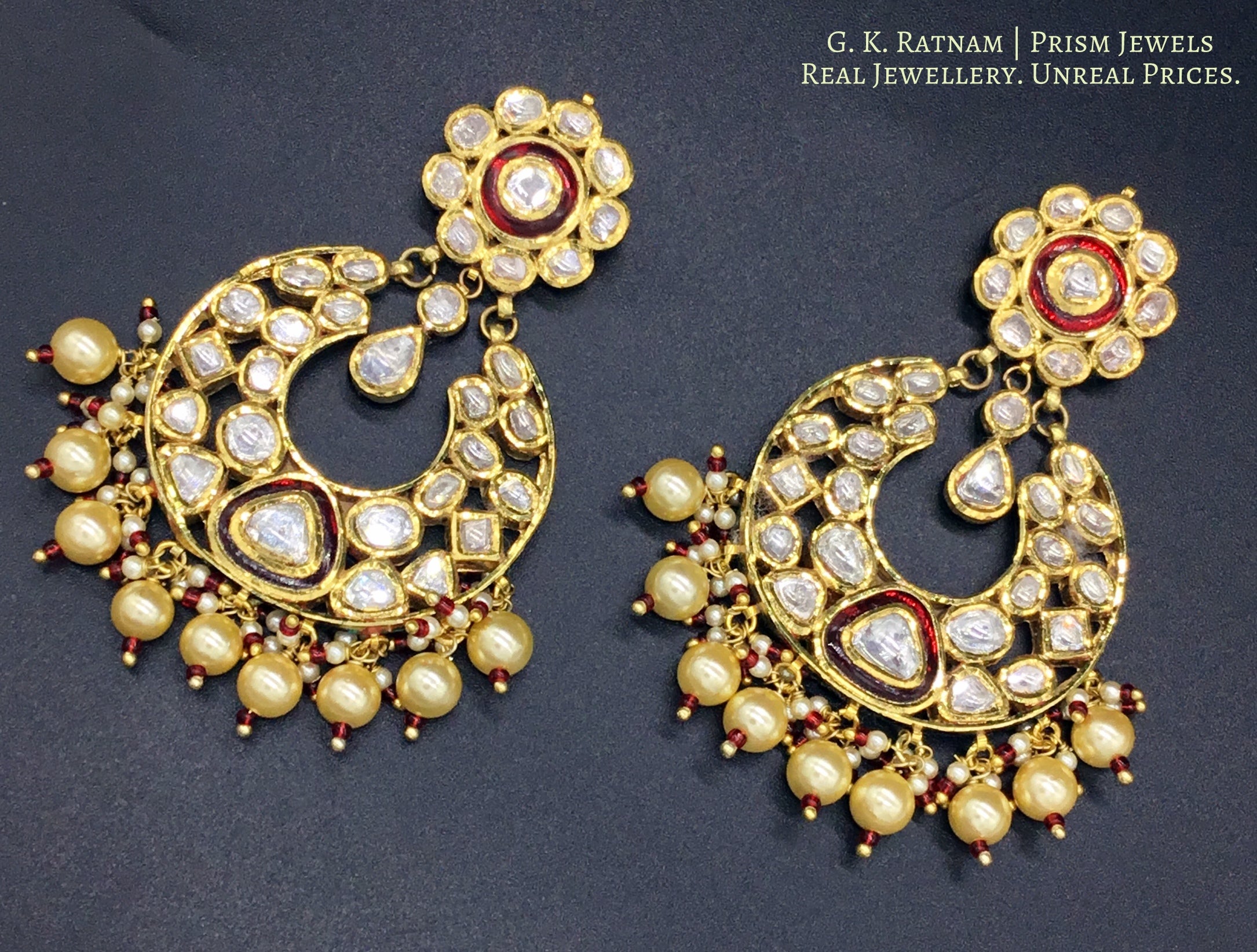 Traditional Gold and Diamond Polki Chand Bali Earring Pair with rubies and pearls strung with a hint of red - gold diamond polki kundan meena jadau jewellery