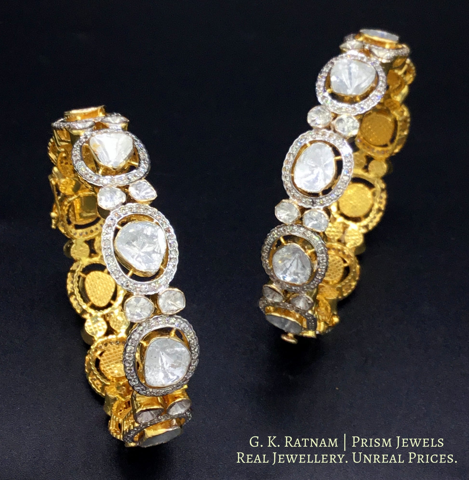 14k Gold and Diamond Polki Open Setting Bangle Pair with Big Polkies - gold diamond polki kundan meena jadau jewellery
