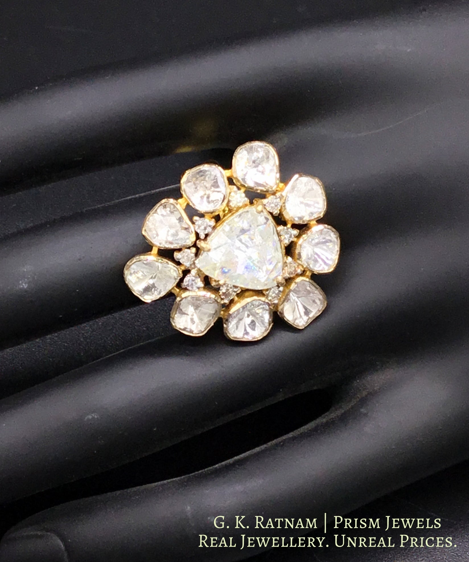18k Gold and Diamond Polki pear-shaped Ring with English Polki Center - gold diamond polki kundan meena jadau jewellery