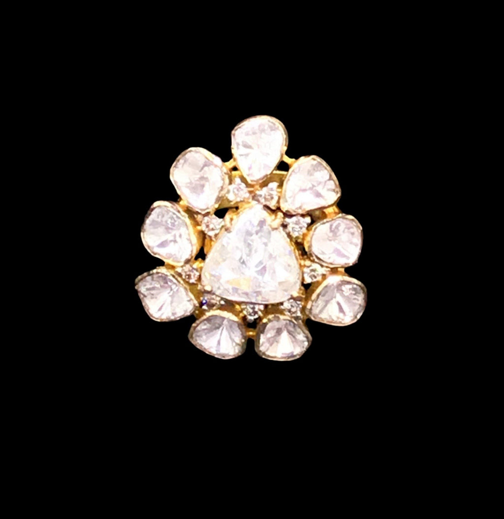 18k Gold and Diamond Polki pear-shaped Ring with English Polki Center - gold diamond polki kundan meena jadau jewellery