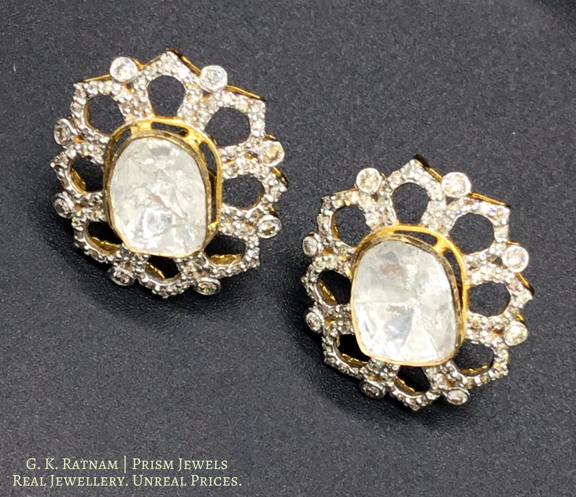18k Gold and Diamond Polki Open Setting Tops / Studs Earring Pair with far sized uncuts surrounded by diamonds - gold diamond polki kundan meena jadau jewellery