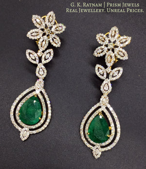 14k Gold and Diamond Long Earring Pair with pear-shaped Green Beryl - gold diamond polki kundan meena jadau jewellery