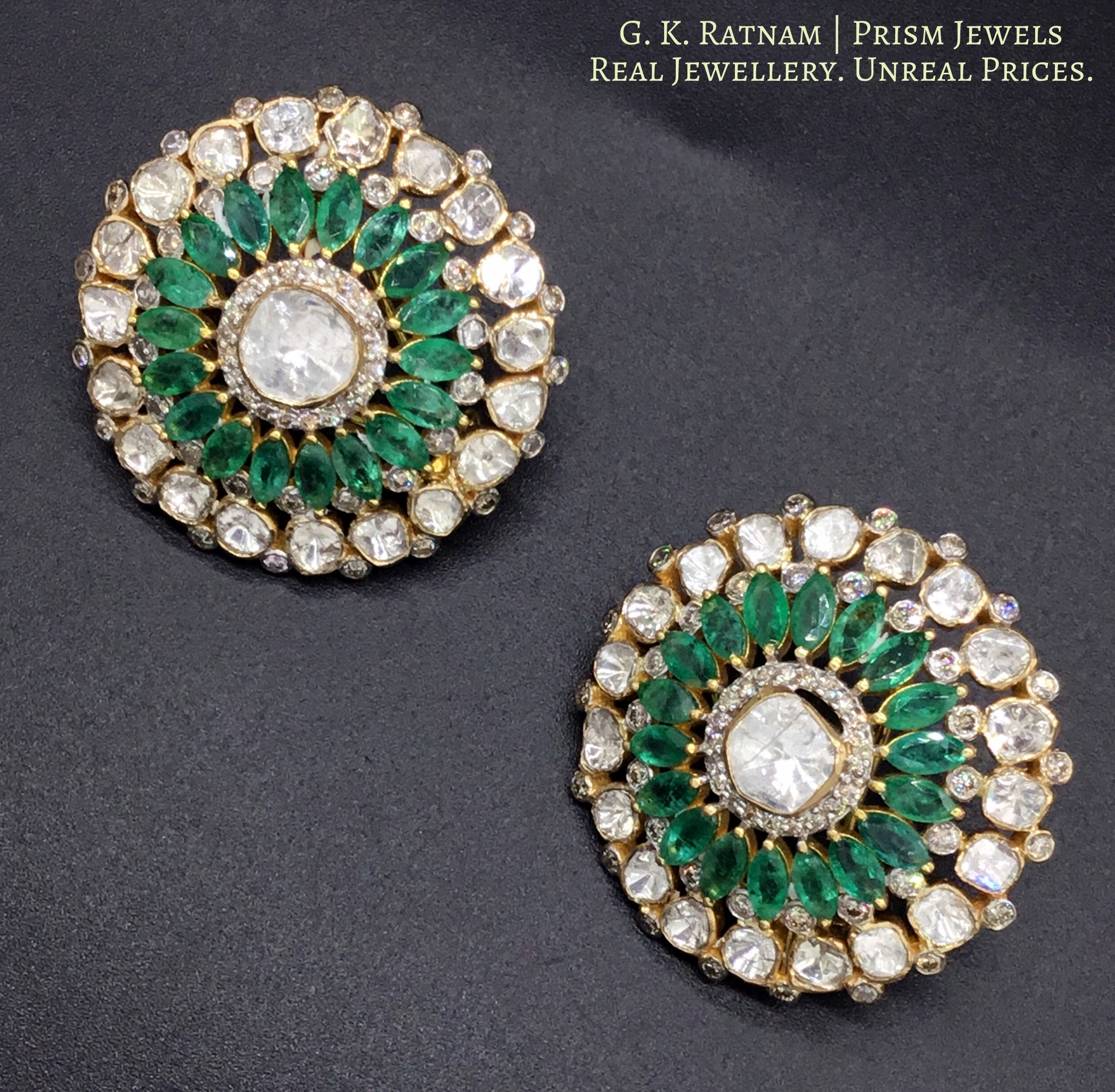 14k Gold and Diamond Polki Open Setting Karanphool Earring Pair with Natural Emerald marquises - gold diamond polki kundan meena jadau jewellery