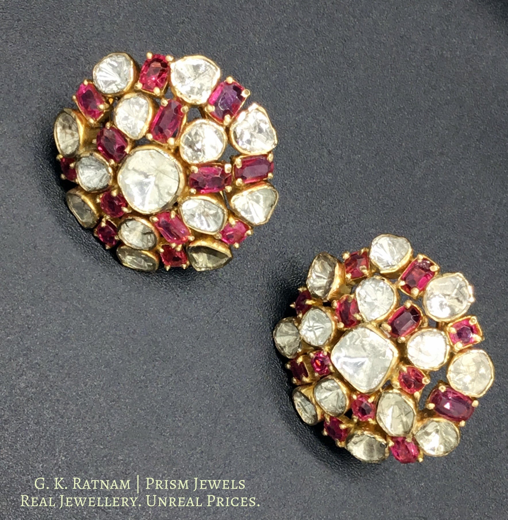 18k Gold and Diamond Polki Open Setting Karanphool Earring Pair with Spinels - gold diamond polki kundan meena jadau jewellery