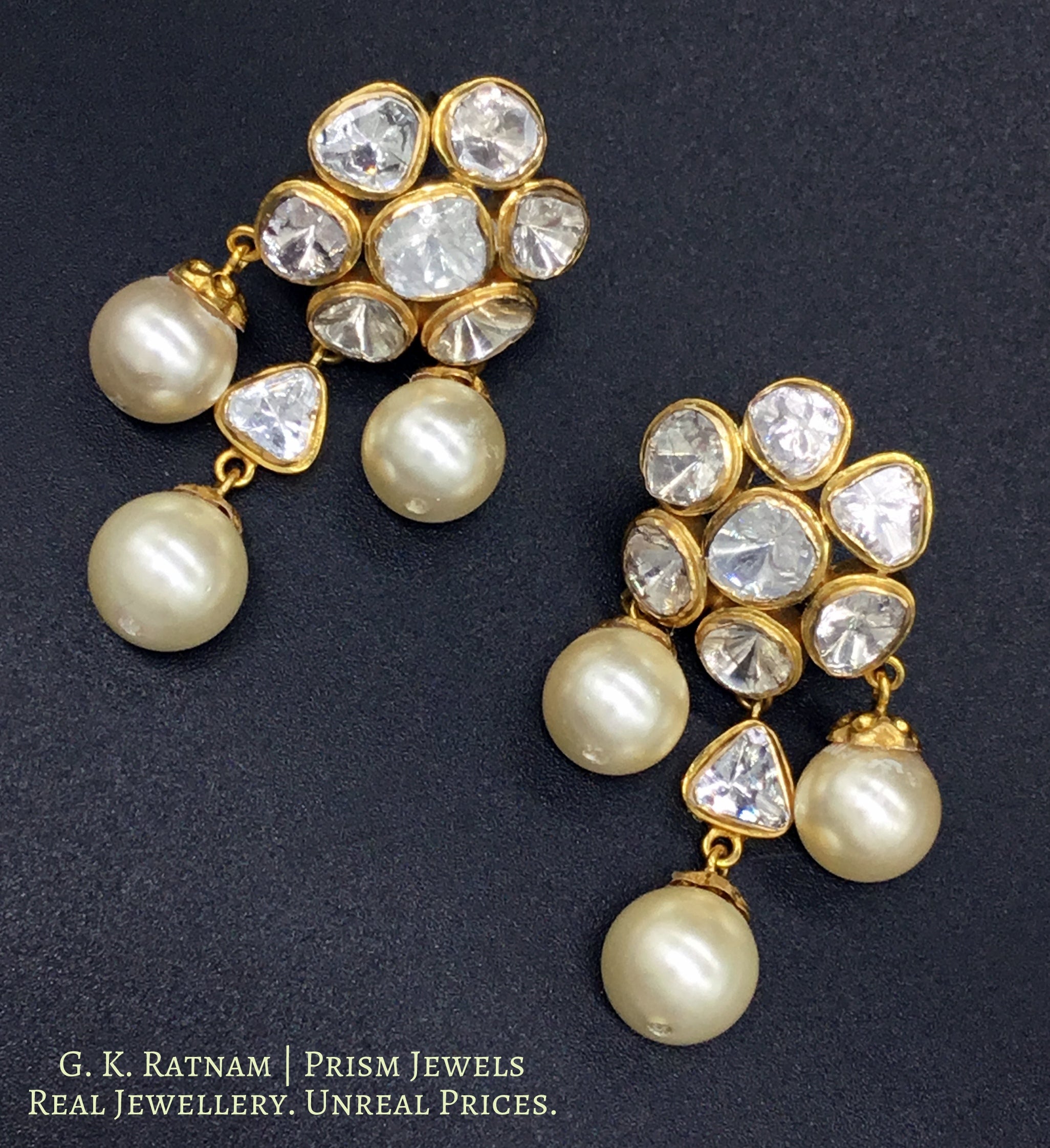 18k Gold and Diamond Polki Open Setting floral Tops / Studs Earring Pair with south-sea-like pearl hangings - gold diamond polki kundan meena jadau jewellery