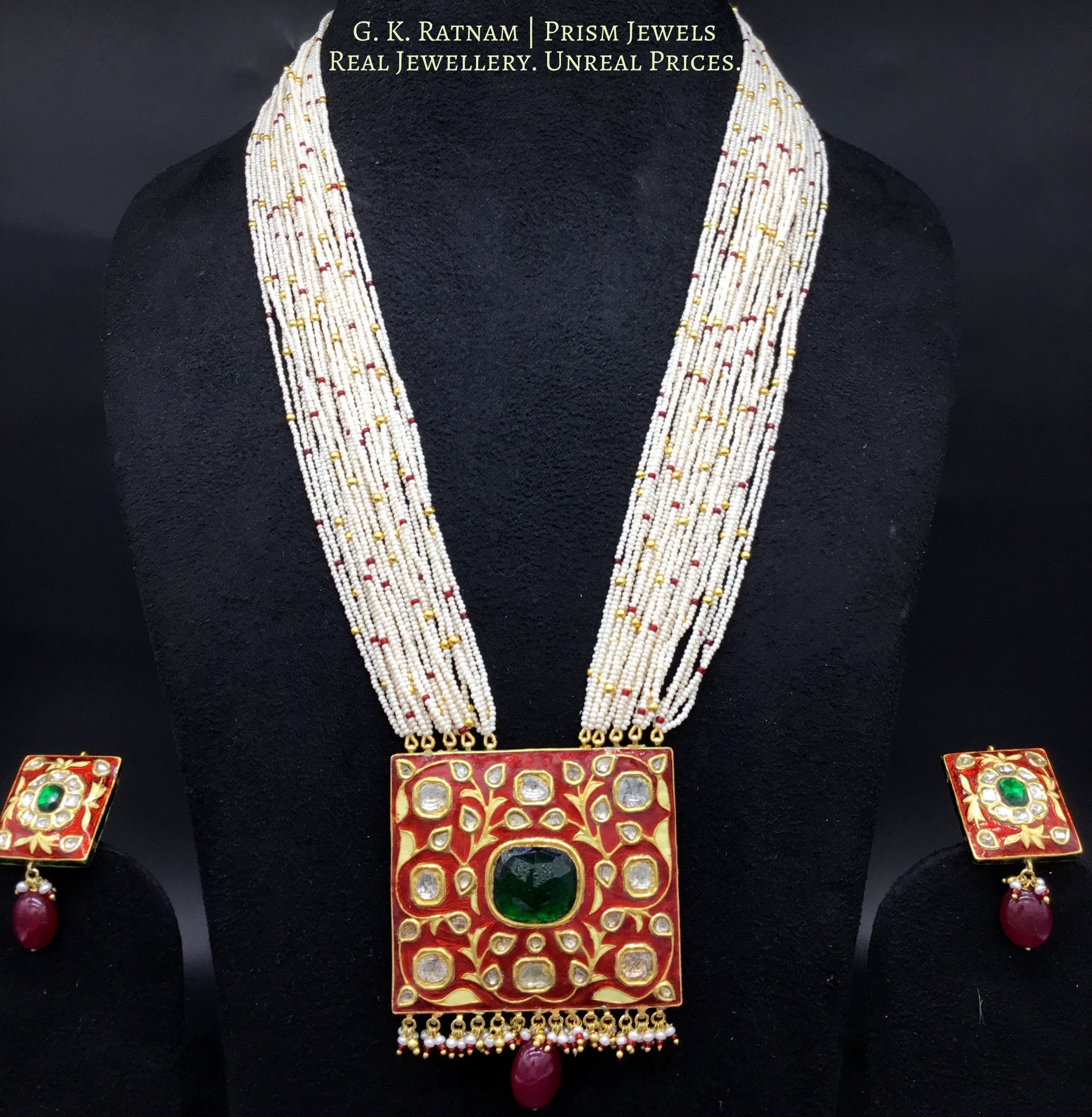 23k Gold and Diamond Polki square Pendant Set with red enamelling and big uncuts - gold diamond polki kundan meena jadau jewellery