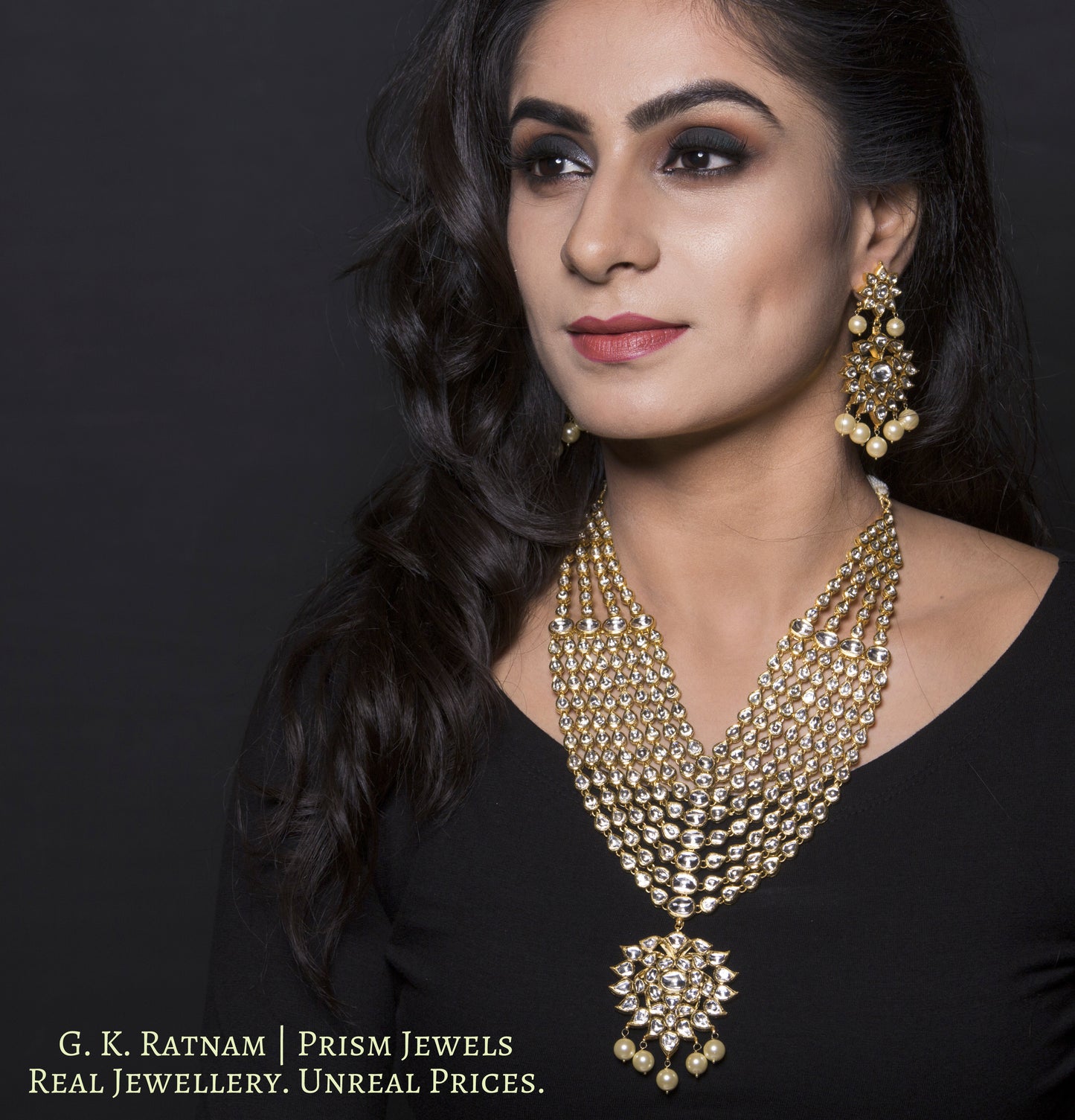 18k Gold and Diamond Polki eight-line Necklace Set with Syndicate Uncut Diamonds - G. K. Ratnam