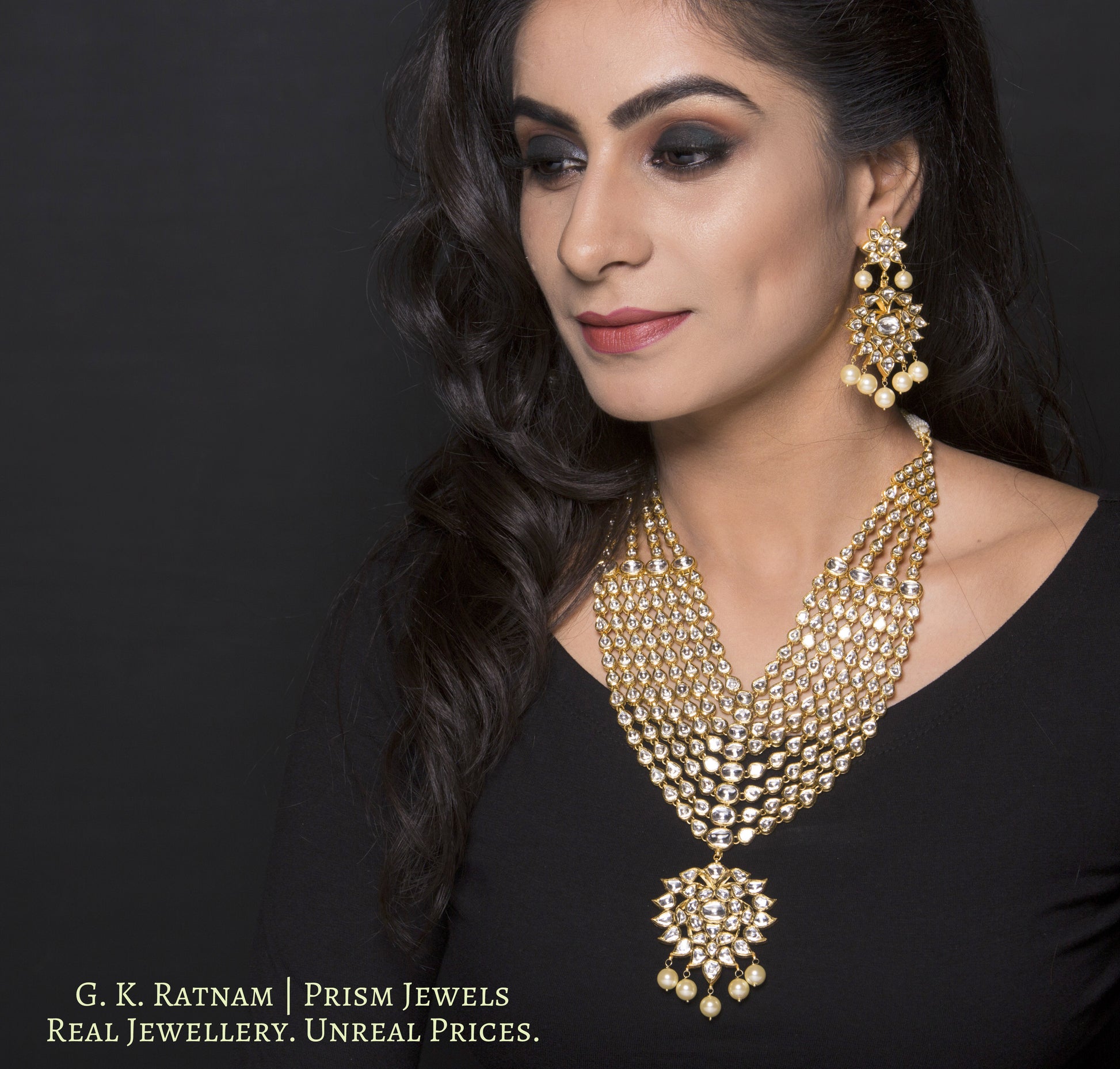 18k Gold and Diamond Polki eight-line Necklace Set with Syndicate Uncut Diamonds - G. K. Ratnam