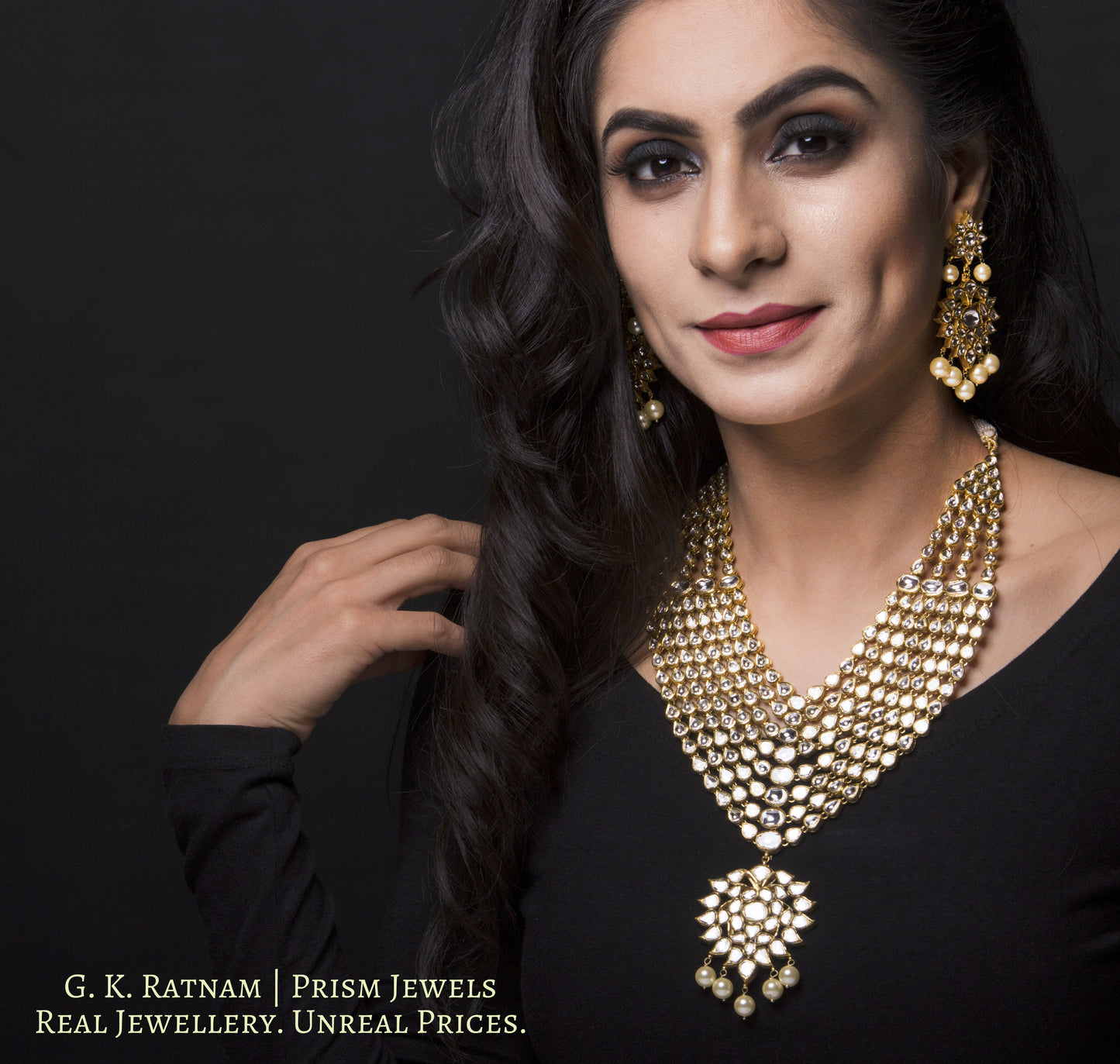 18k Gold and Diamond Polki eight-line Necklace Set with Syndicate Uncut Diamonds - G. K. Ratnam
