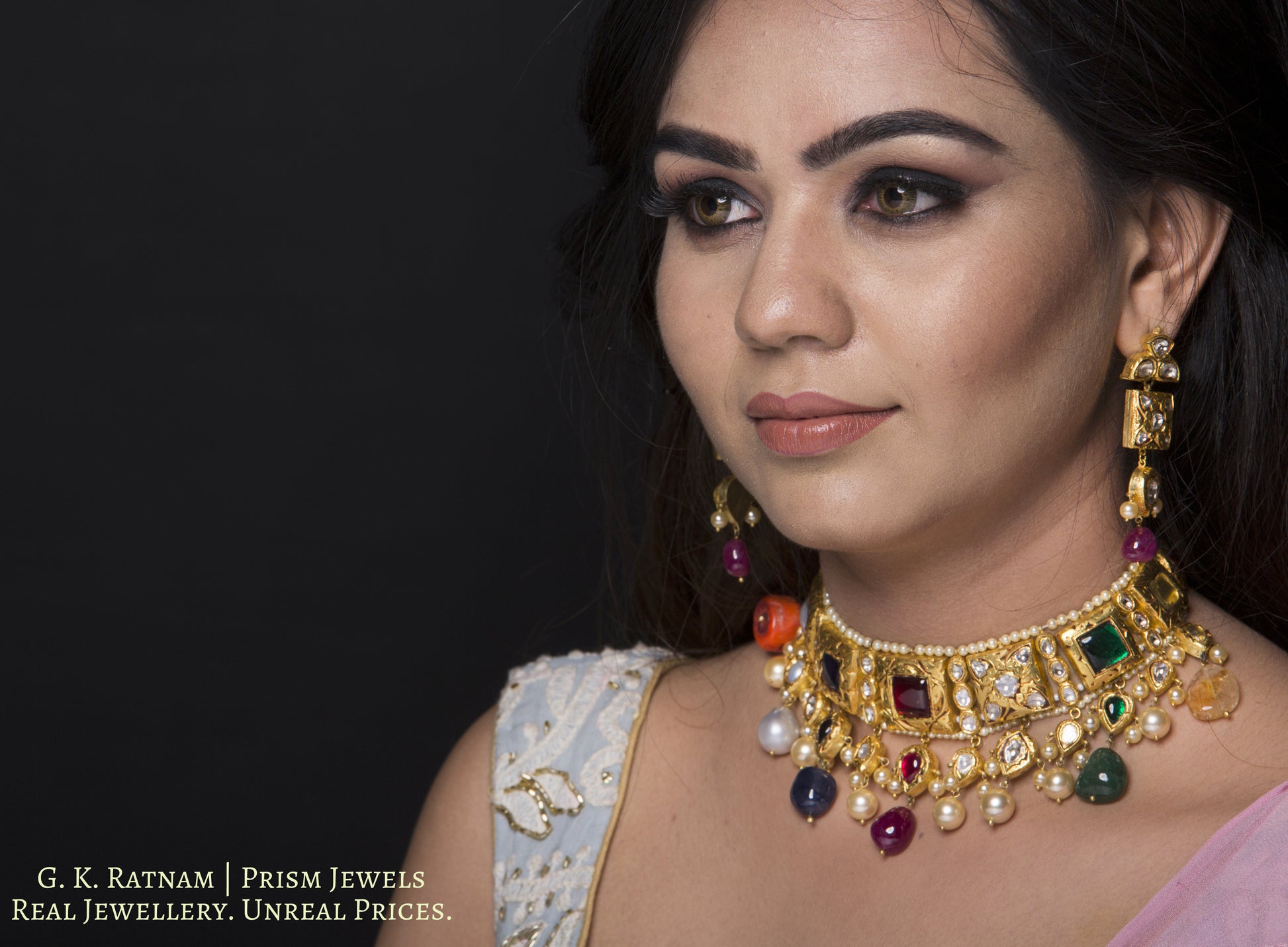 18k Gold and Diamond Polki Antique Navratna Choker Necklace Set - gold diamond polki kundan meena jadau jewellery