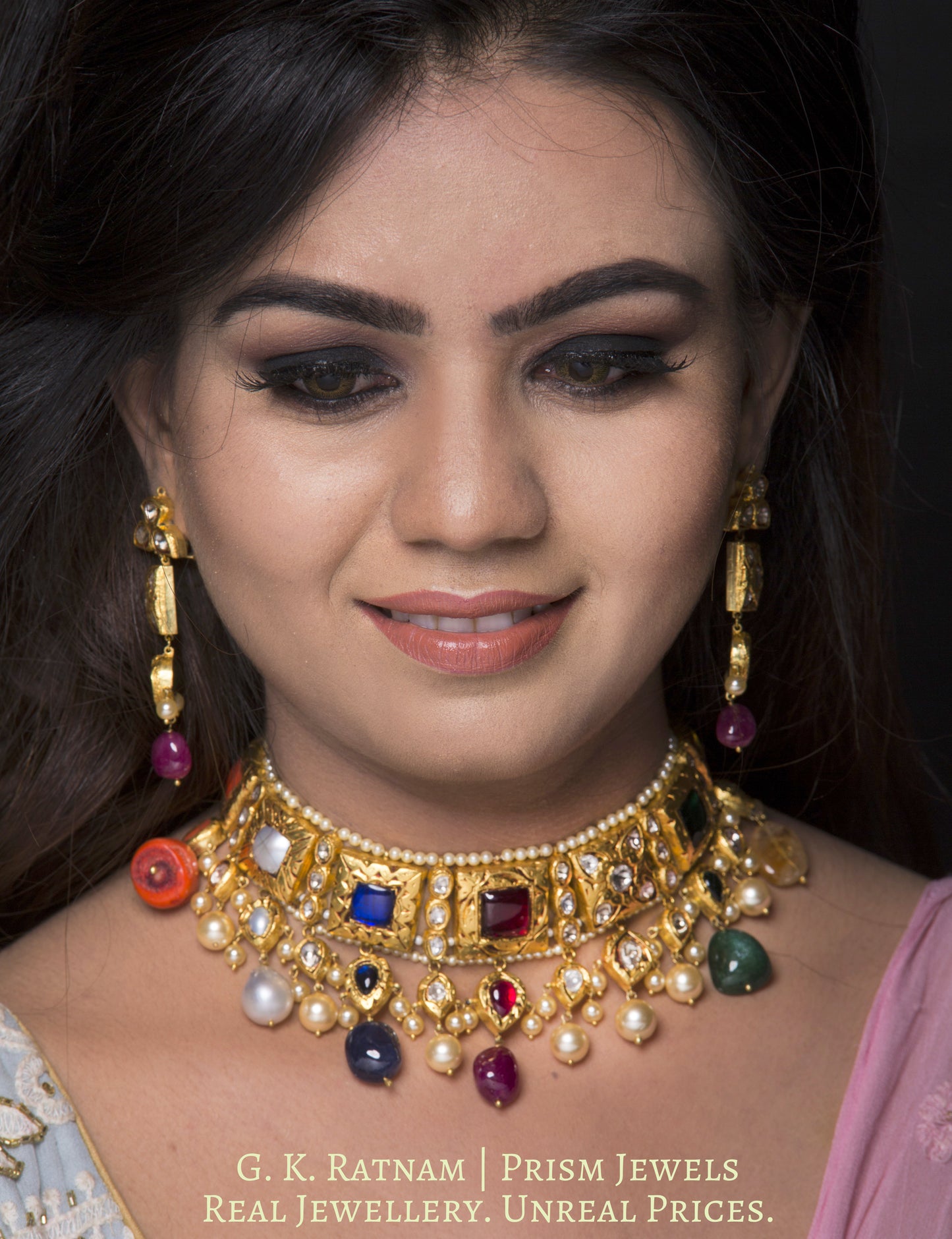 18k Gold and Diamond Polki Antique Navratna Choker Necklace Set - gold diamond polki kundan meena jadau jewellery