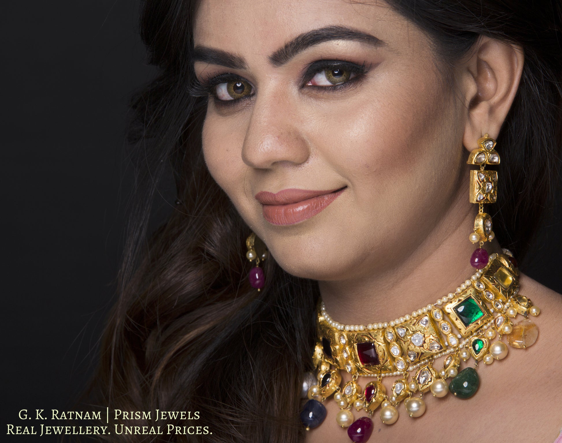18k Gold and Diamond Polki Antique Navratna Choker Necklace Set - gold diamond polki kundan meena jadau jewellery
