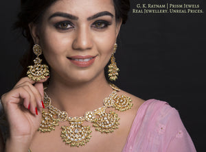 18k Gold and Diamond Polki Pankhi (fan) Necklace Set with pearls and a hint of green - G. K. Ratnam