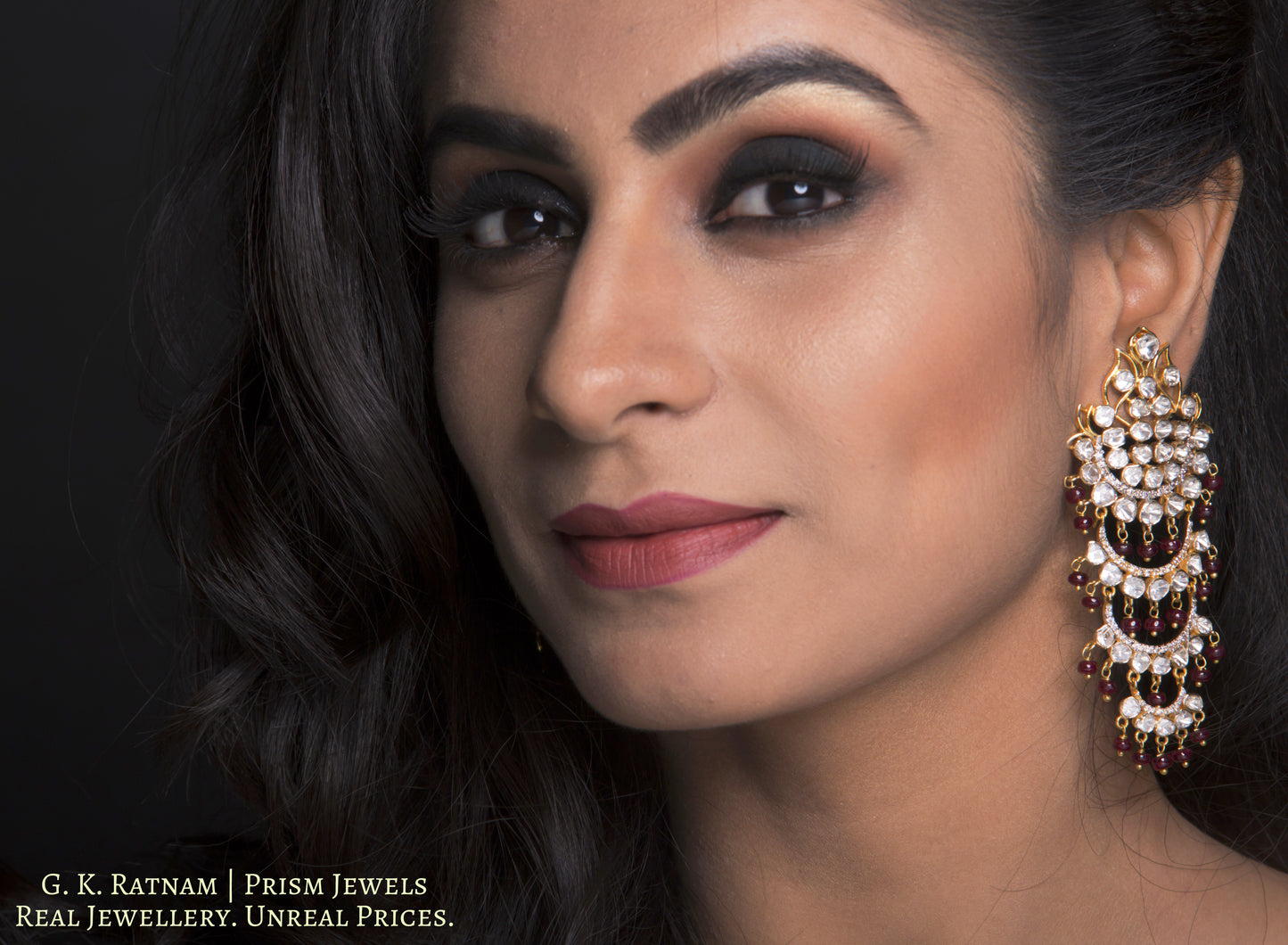 14k Gold and Diamond Polki detachable Open Setting Chandelier Earring Pair (Karanfools + Hangings) - gold diamond polki kundan meena jadau jewellery