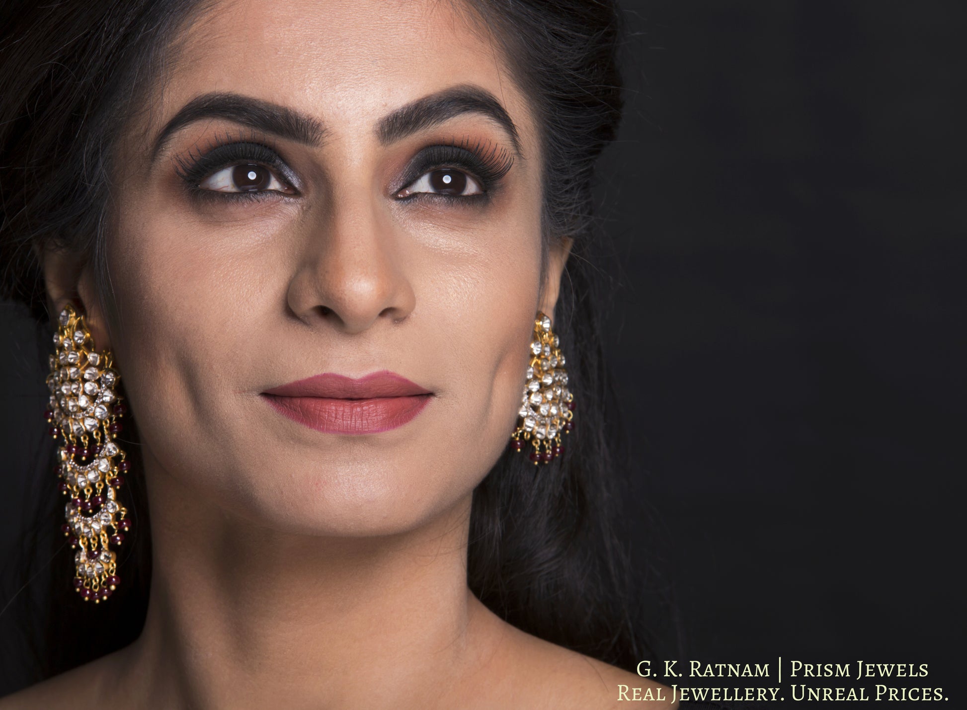 14k Gold and Diamond Polki detachable Open Setting Chandelier Earring Pair (Karanfools + Hangings) - gold diamond polki kundan meena jadau jewellery