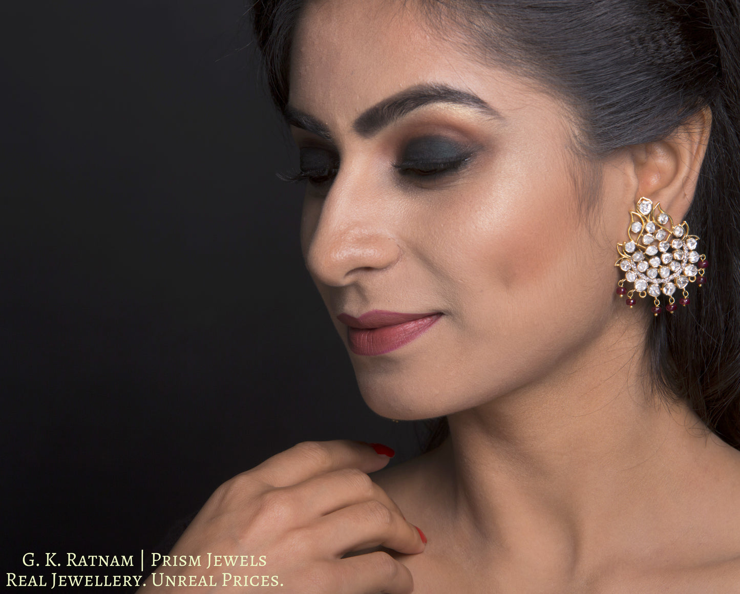14k Gold and Diamond Polki detachable Open Setting Chandelier Earring Pair (Karanfools + Hangings) - gold diamond polki kundan meena jadau jewellery