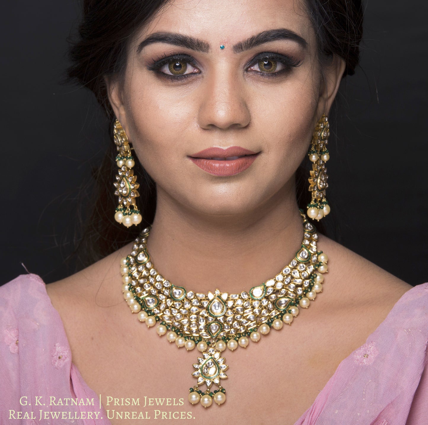 Traditional Gold and Diamond Polki green enamel Necklace Set with shiny pearls and a hint of green - gold diamond polki kundan meena jadau jewellery
