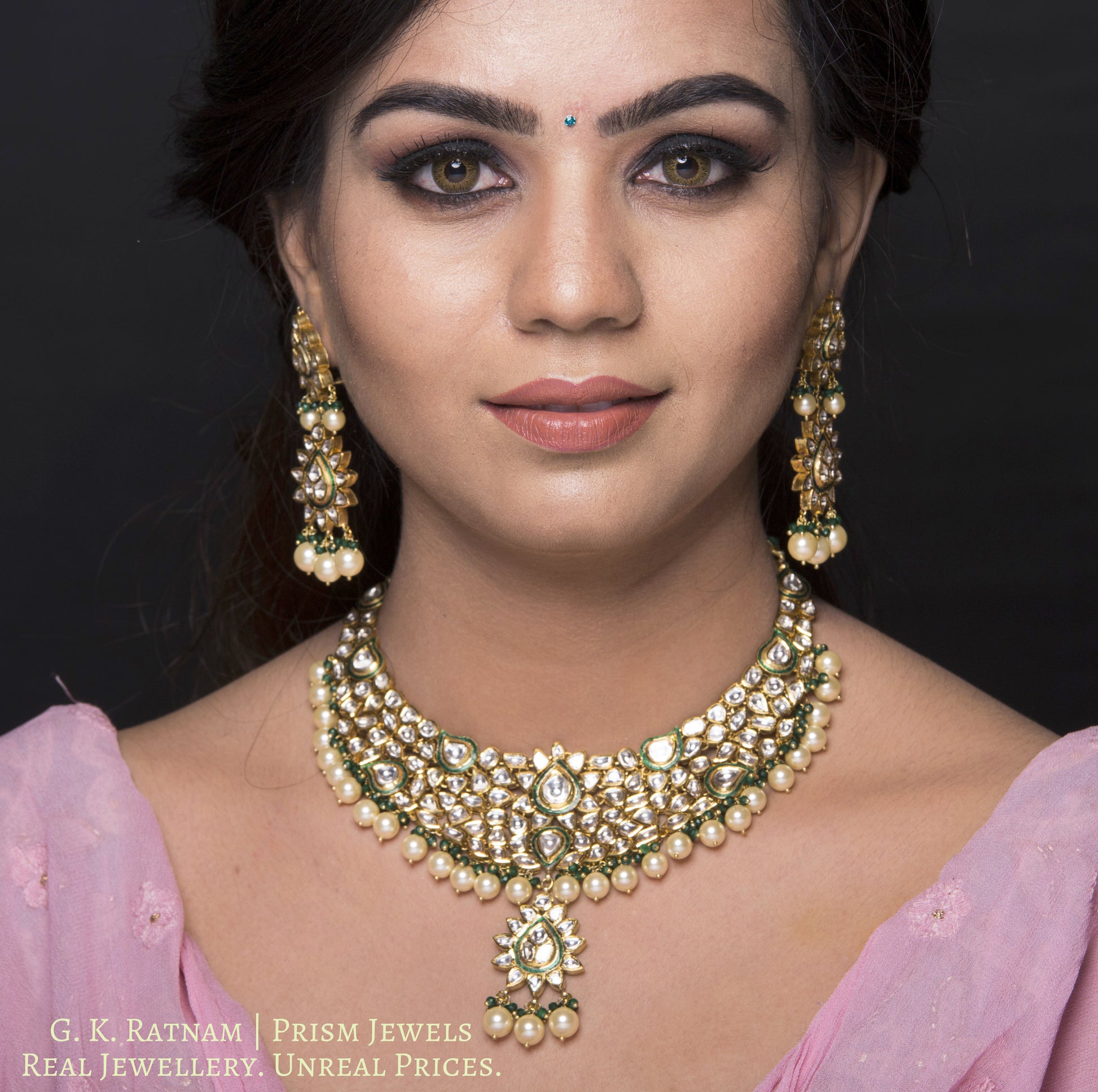 Traditional Gold and Diamond Polki green enamel Necklace Set with shiny pearls and a hint of green - gold diamond polki kundan meena jadau jewellery