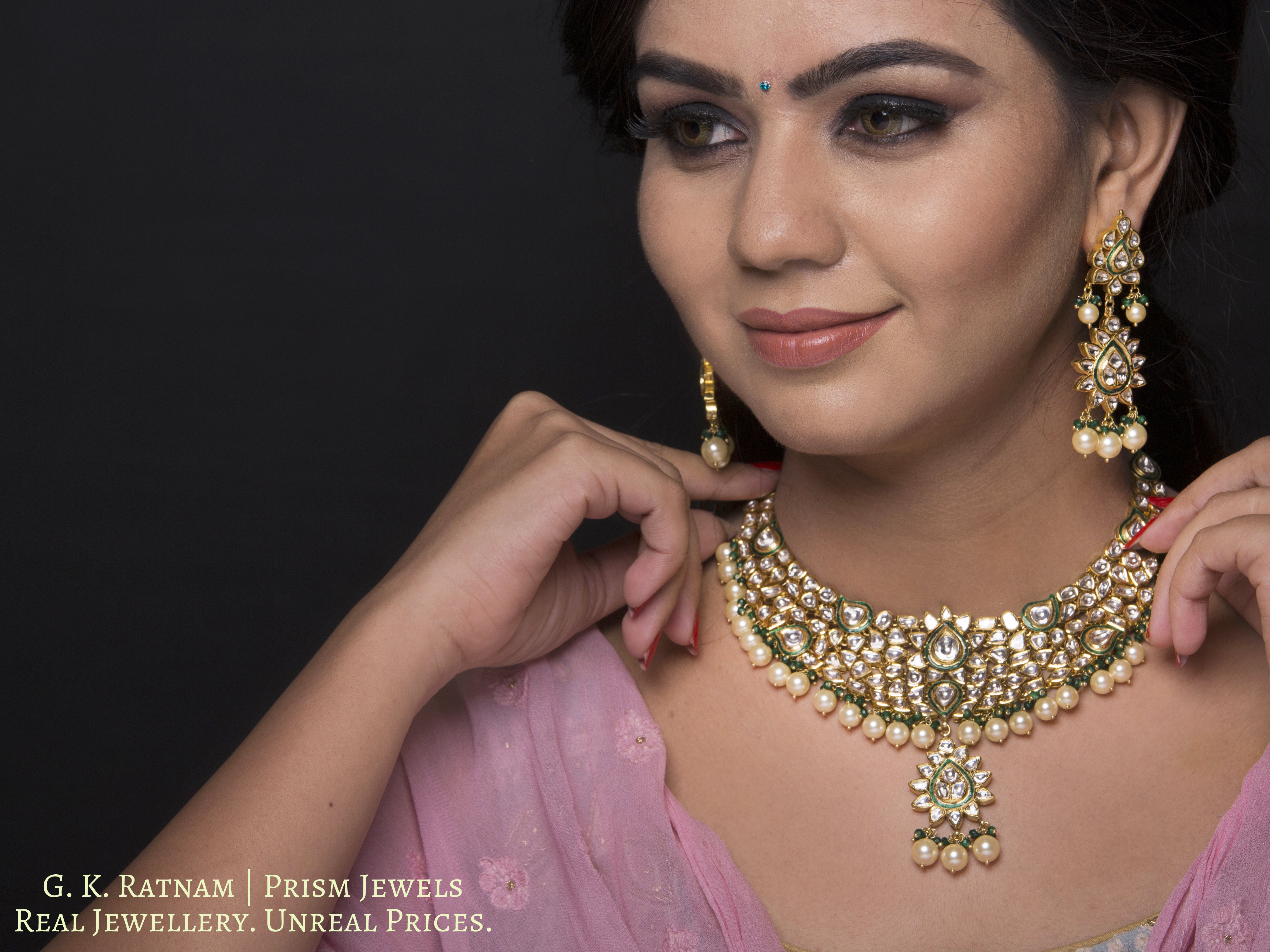 Traditional Gold and Diamond Polki green enamel Necklace Set with shiny pearls and a hint of green - gold diamond polki kundan meena jadau jewellery