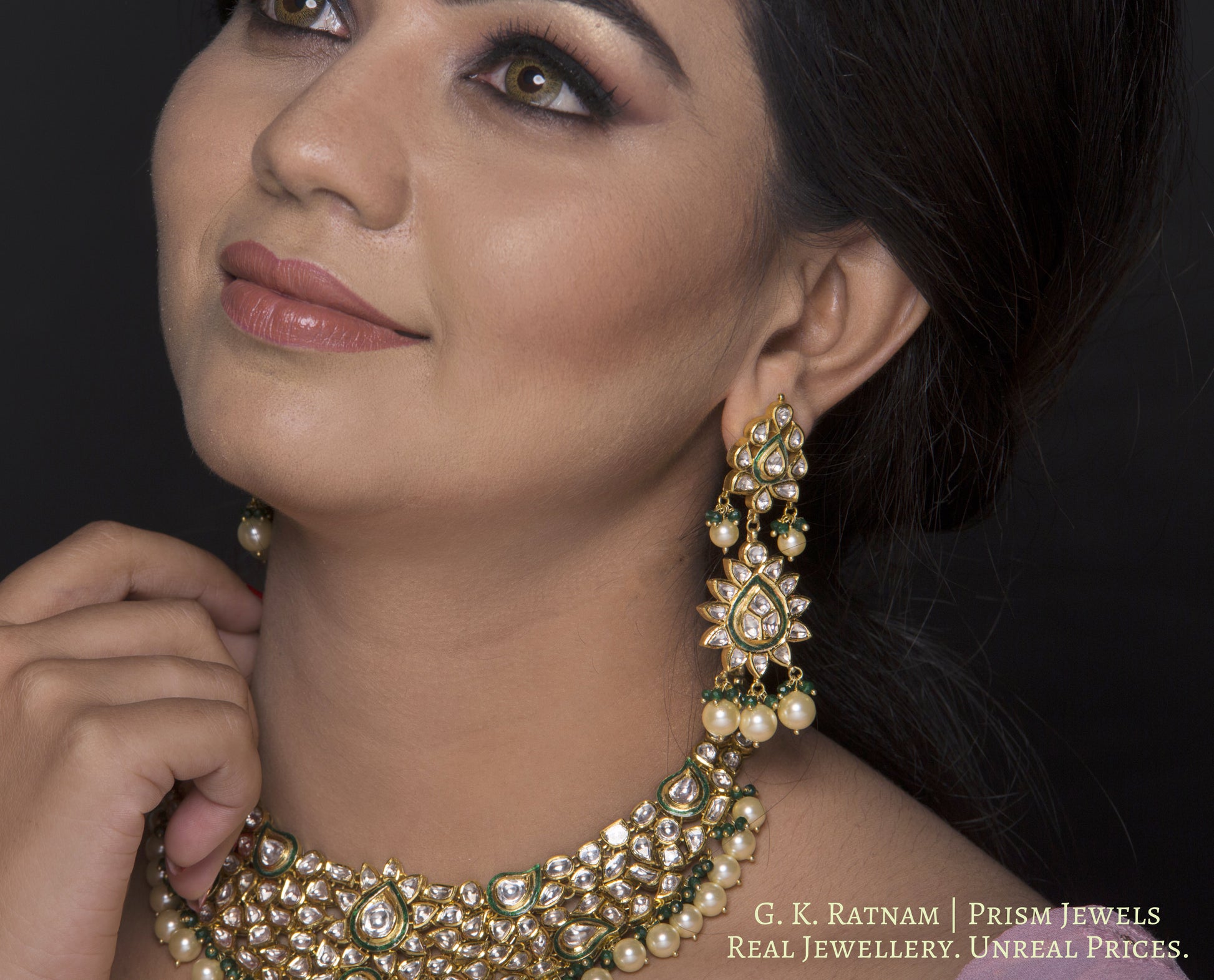 Traditional Gold and Diamond Polki green enamel Necklace Set with shiny pearls and a hint of green - gold diamond polki kundan meena jadau jewellery