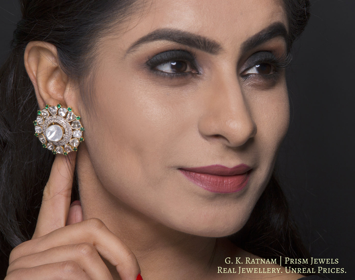 14k Gold and Diamond Polki Open Setting Karanphool Earring Pair with big uncut center - gold diamond polki kundan meena jadau jewellery