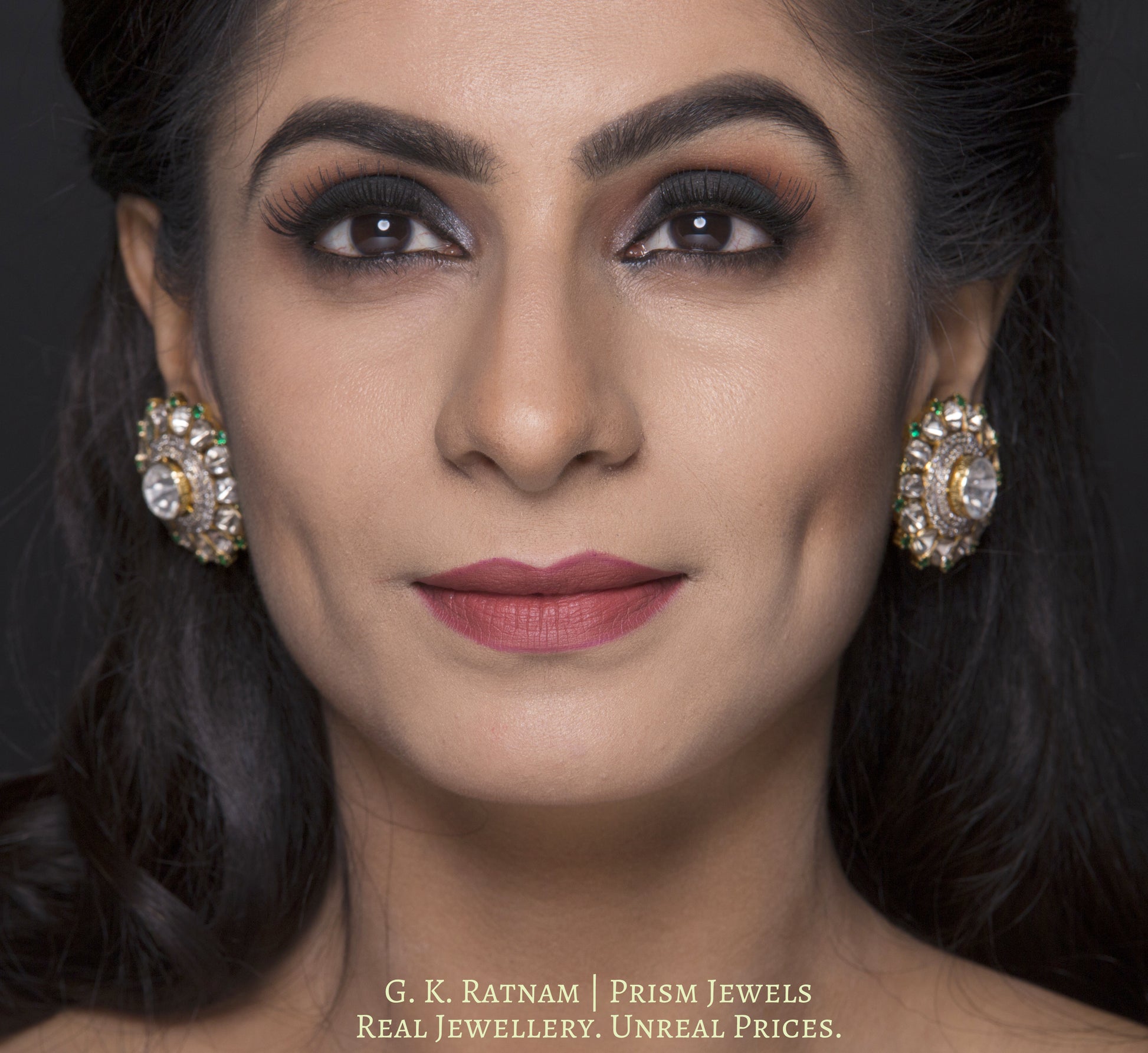 14k Gold and Diamond Polki Open Setting Karanphool Earring Pair with big uncut center - gold diamond polki kundan meena jadau jewellery