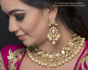18k Gold and Diamond Polki Necklace Set with floral red meenakari - gold diamond polki kundan meena jadau jewellery