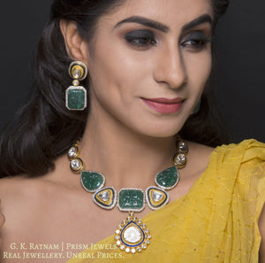 18k Gold and Diamond Polki fusion Necklace Set with big uncut hanging and Green Beryl Carvings - gold diamond polki kundan meena jadau jewellery