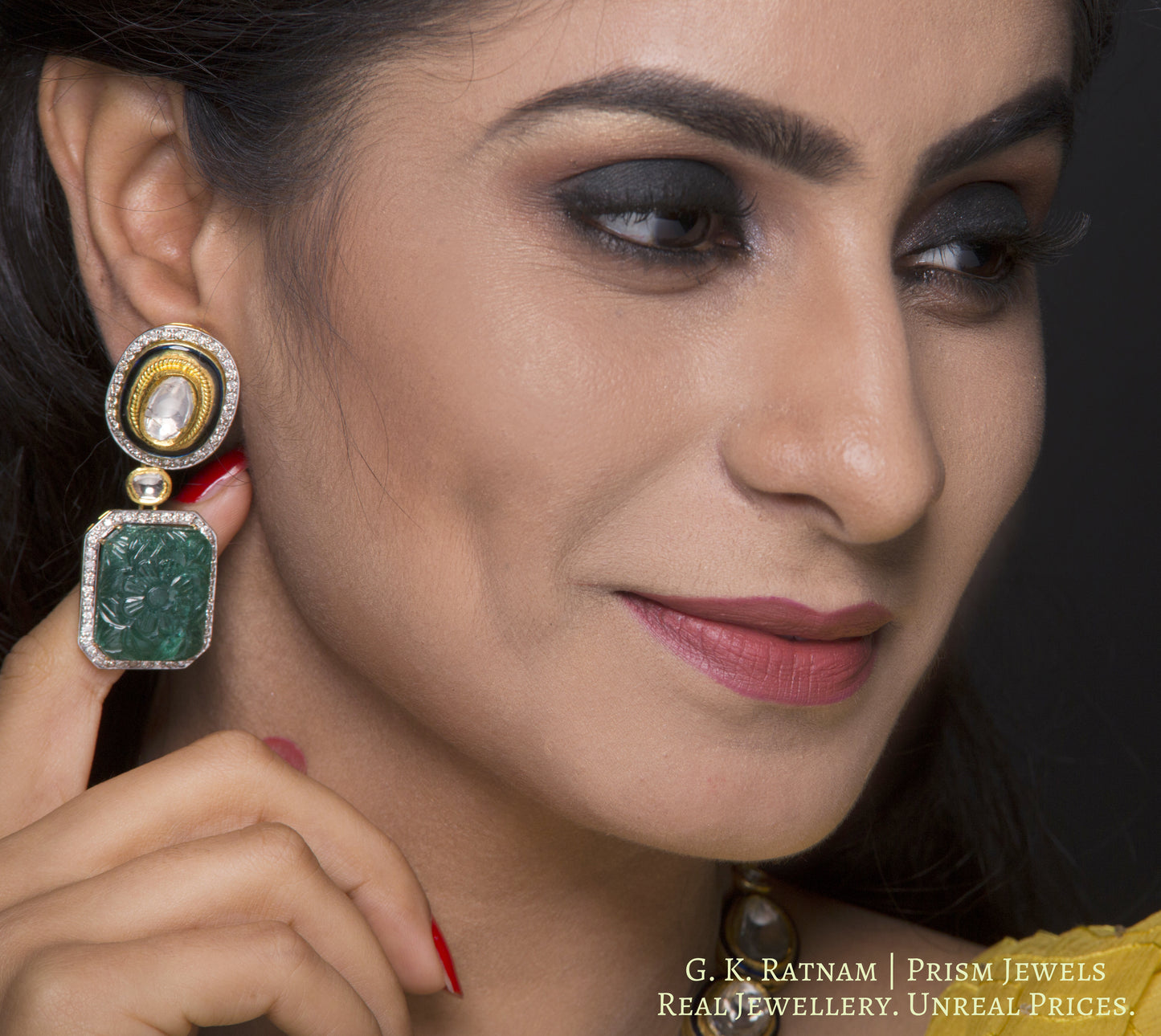 18k Gold and Diamond Polki fusion Necklace Set with big uncut hanging and Green Beryl Carvings - gold diamond polki kundan meena jadau jewellery