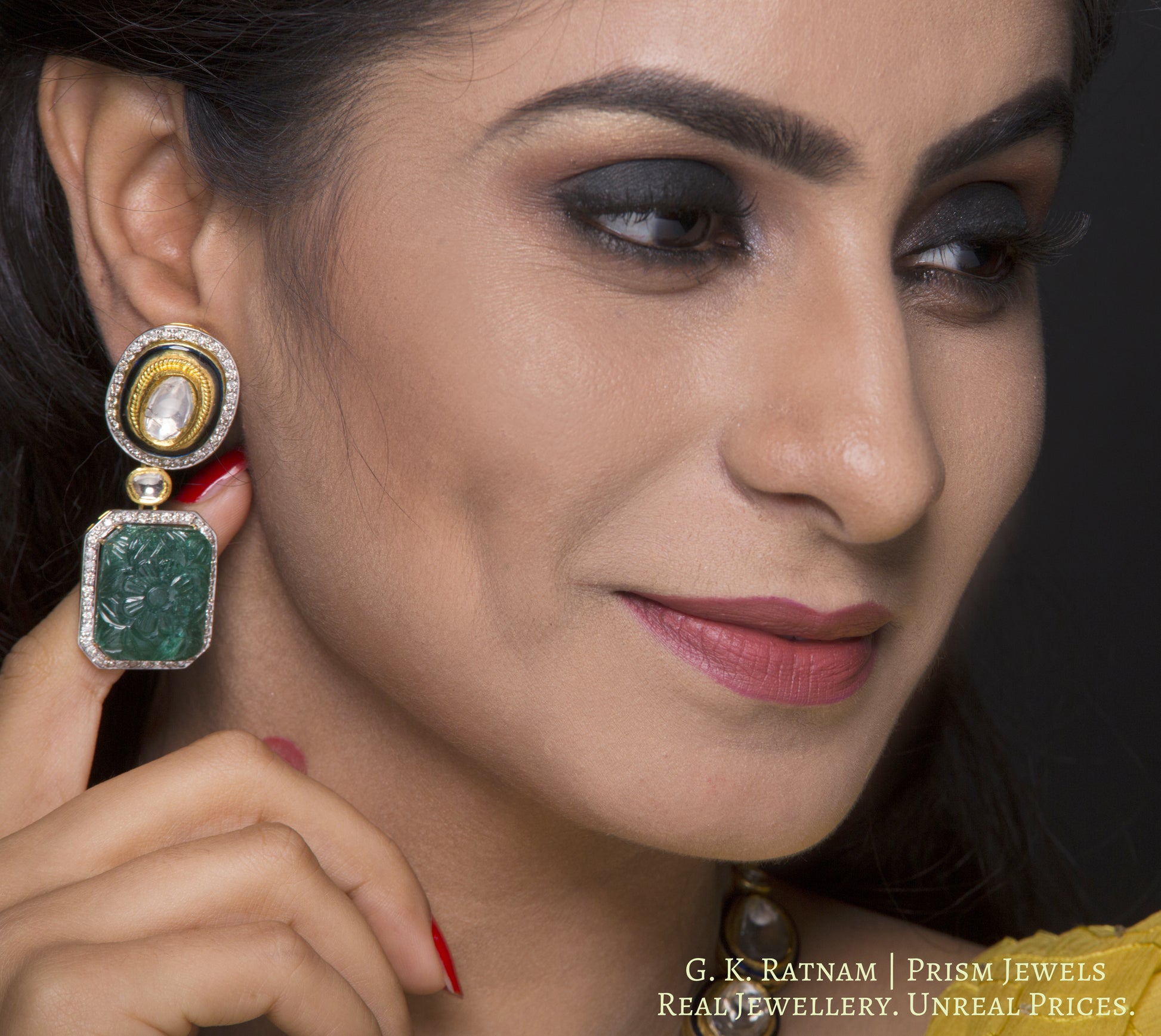 18k Gold and Diamond Polki fusion Necklace Set with big uncut hanging and Green Beryl Carvings - gold diamond polki kundan meena jadau jewellery