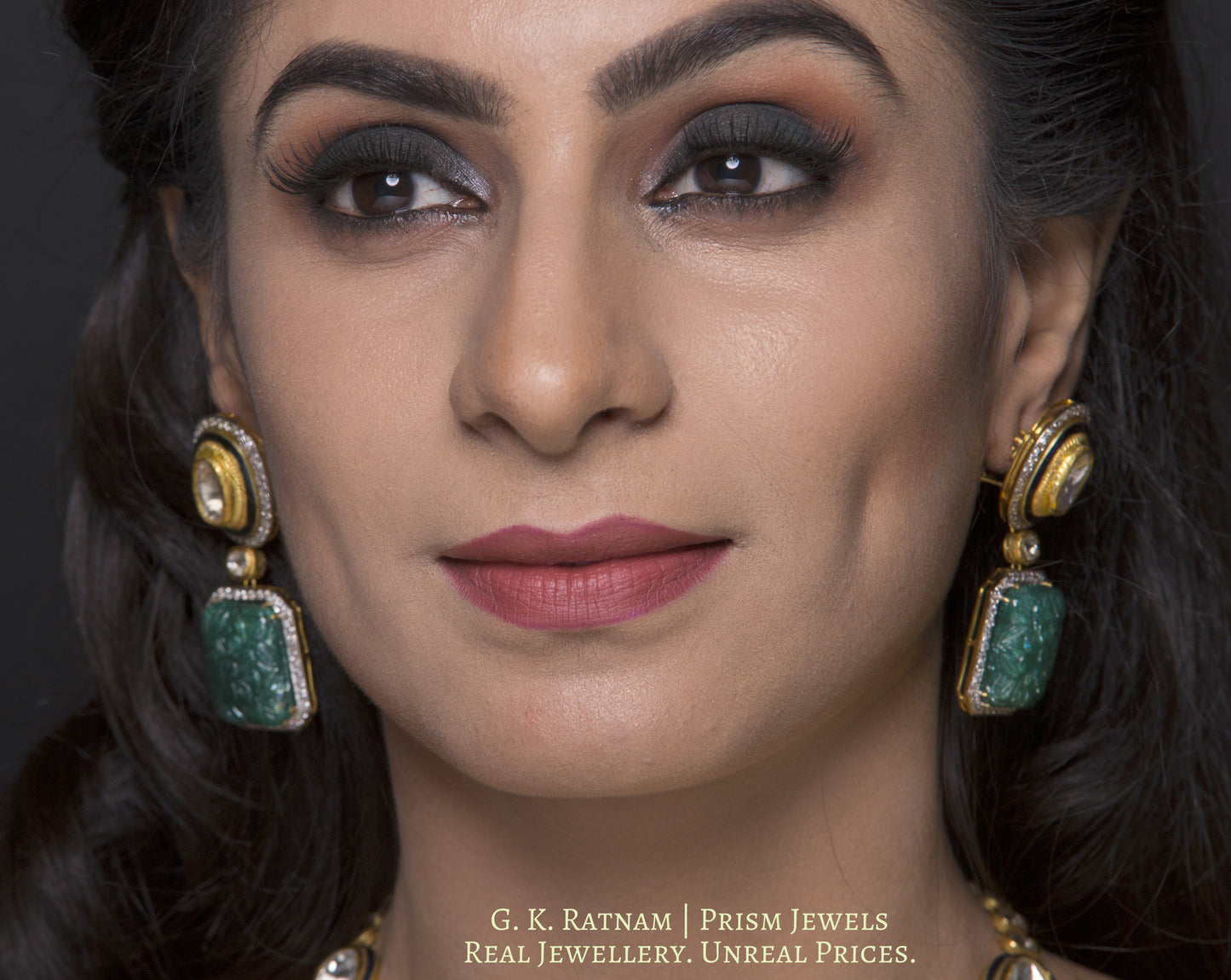 18k Gold and Diamond Polki fusion Necklace Set with big uncut hanging and Green Beryl Carvings - gold diamond polki kundan meena jadau jewellery