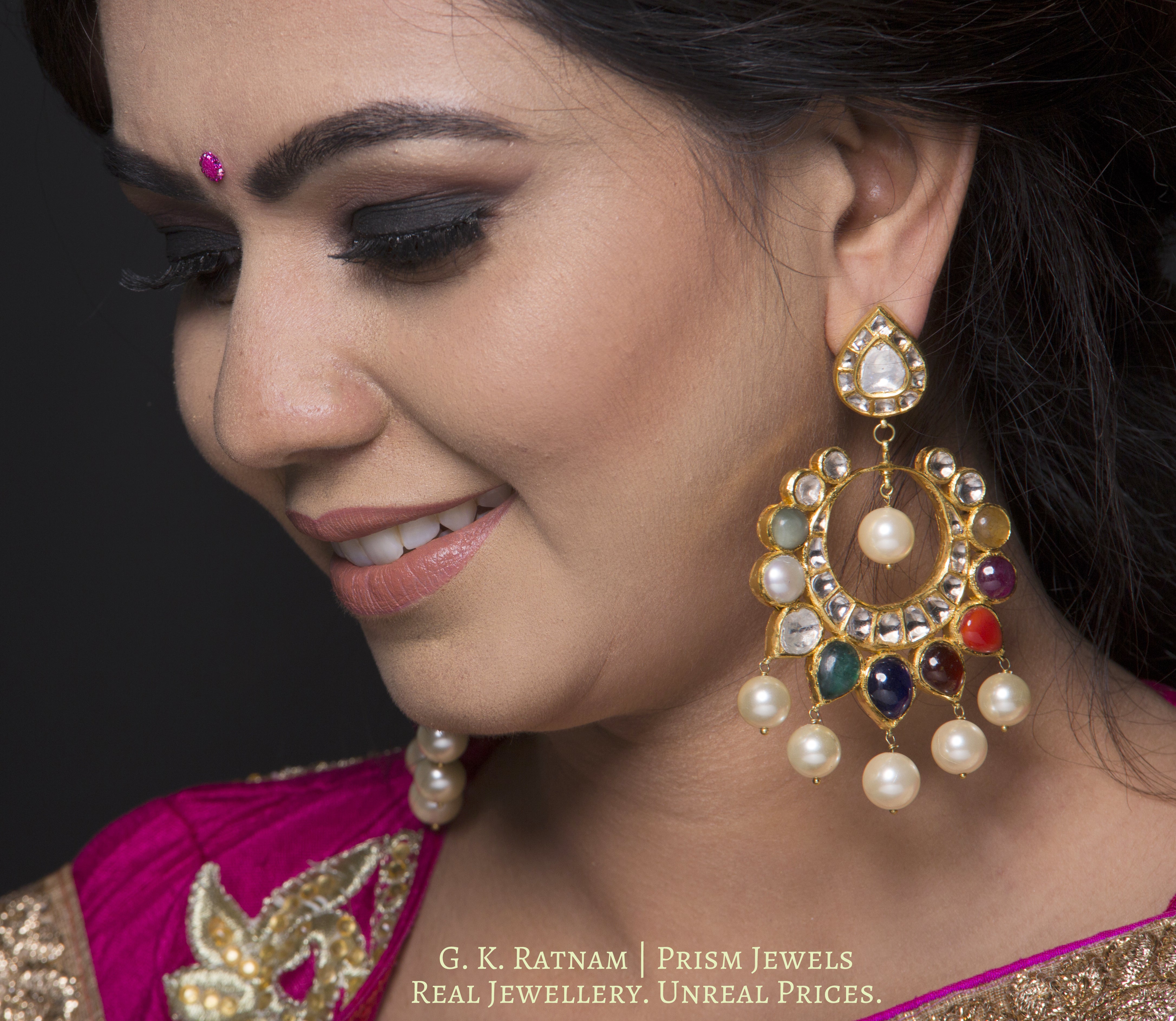 18k Gold and Diamond Polki reversible Chand Bali Earring pair with navratan stones - gold diamond polki kundan meena jadau jewellery