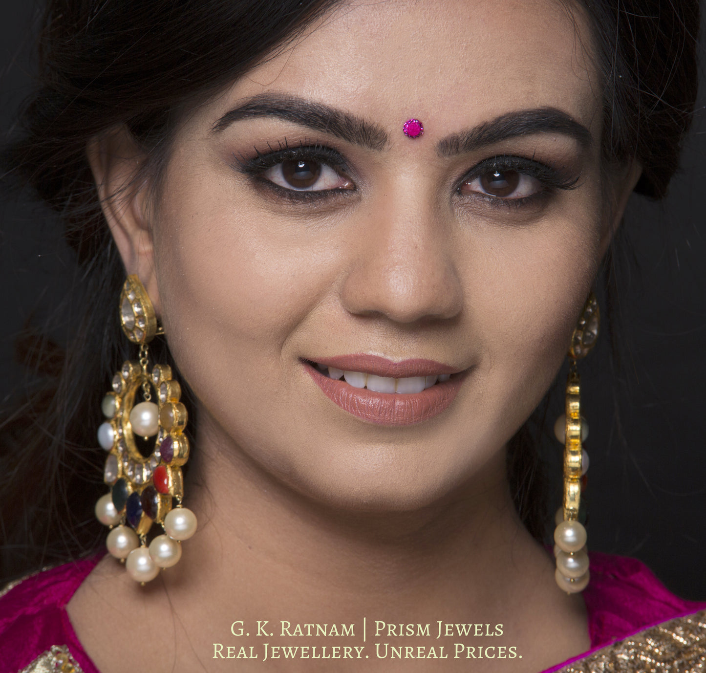 18k Gold and Diamond Polki reversible Chand Bali Earring pair with navratan stones - gold diamond polki kundan meena jadau jewellery