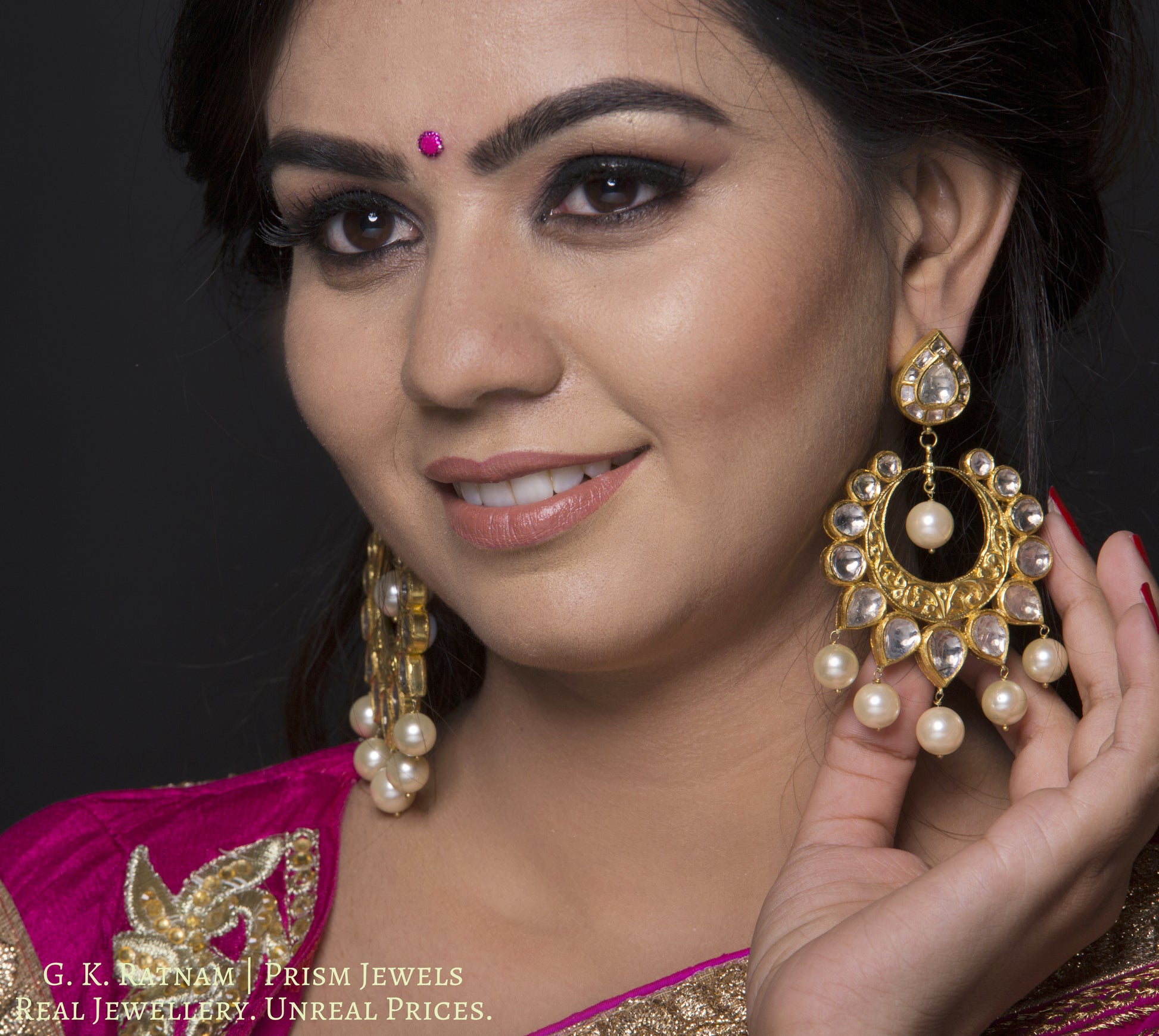 18k Gold and Diamond Polki reversible Chand Bali Earring pair with navratan stones - gold diamond polki kundan meena jadau jewellery
