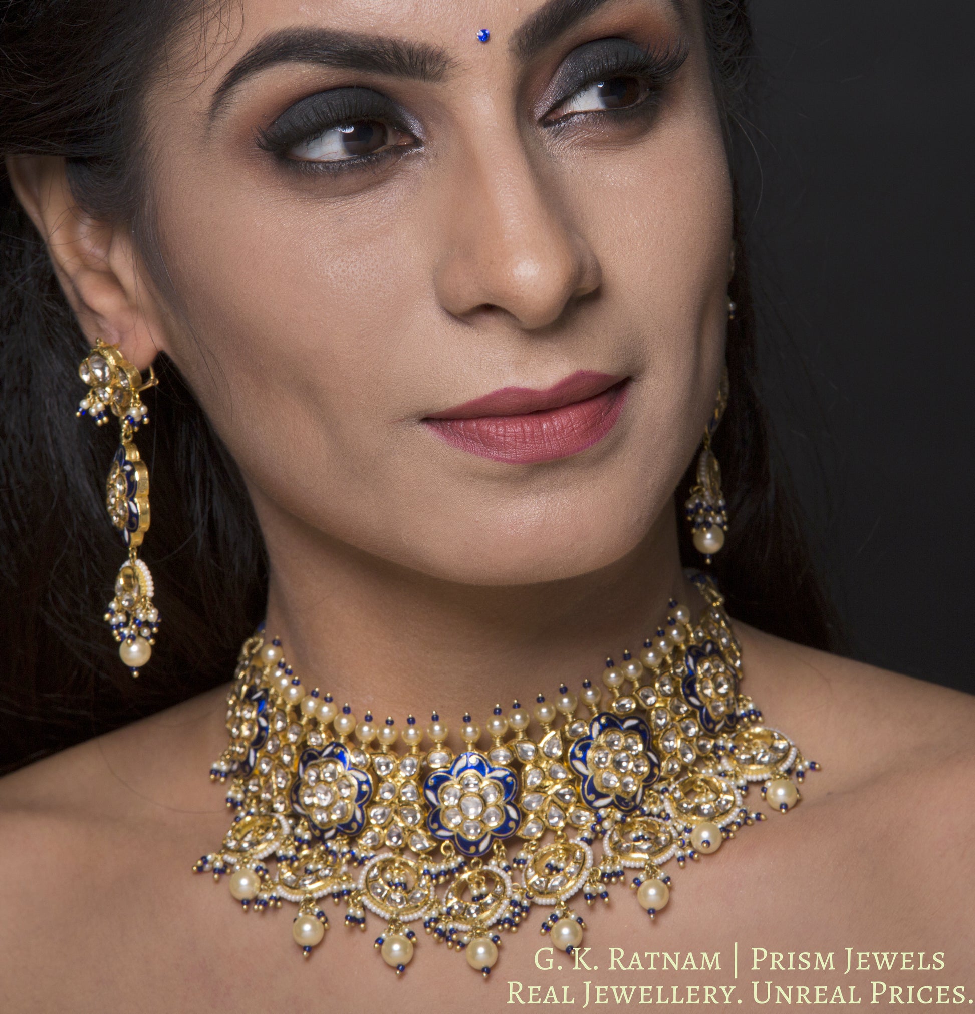 18k Gold and Diamond Polki Choker Necklace Set with elegant blue meenakari - gold diamond polki kundan meena jadau jewellery