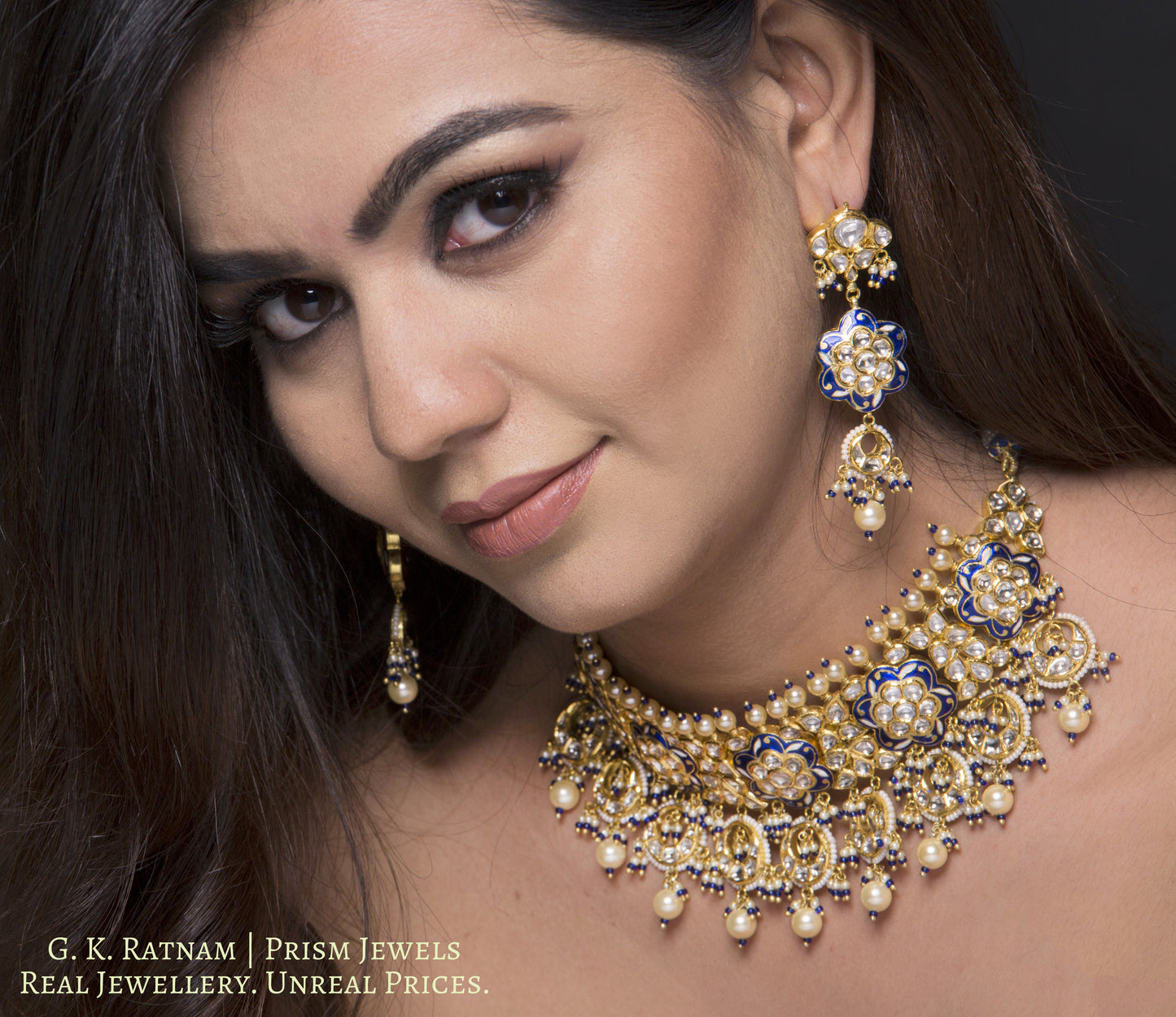 18k Gold and Diamond Polki Choker Necklace Set with elegant blue meenakari - gold diamond polki kundan meena jadau jewellery