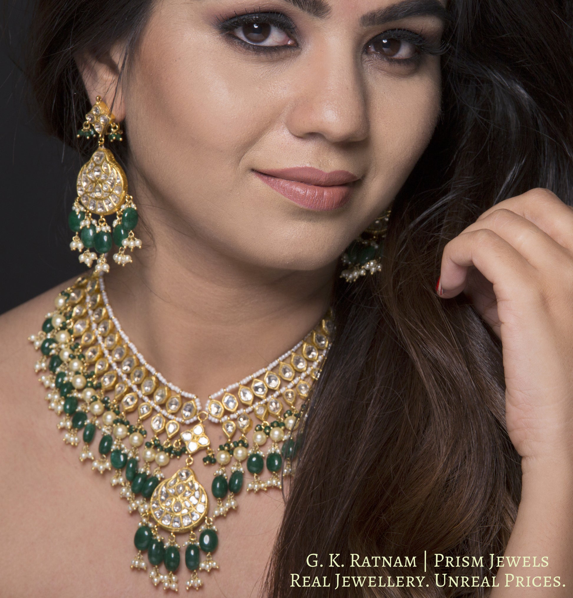 23k Gold and Diamond Polki Matha Patti cum Necklace Set with pearls and green beryls - gold diamond polki kundan meena jadau jewellery