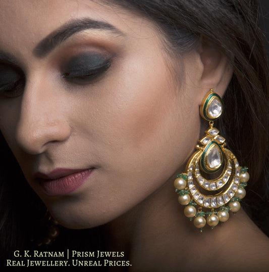 22k Gold and Diamond Polki Chand Bali Earring Pair with Green Enamelling - G. K. Ratnam